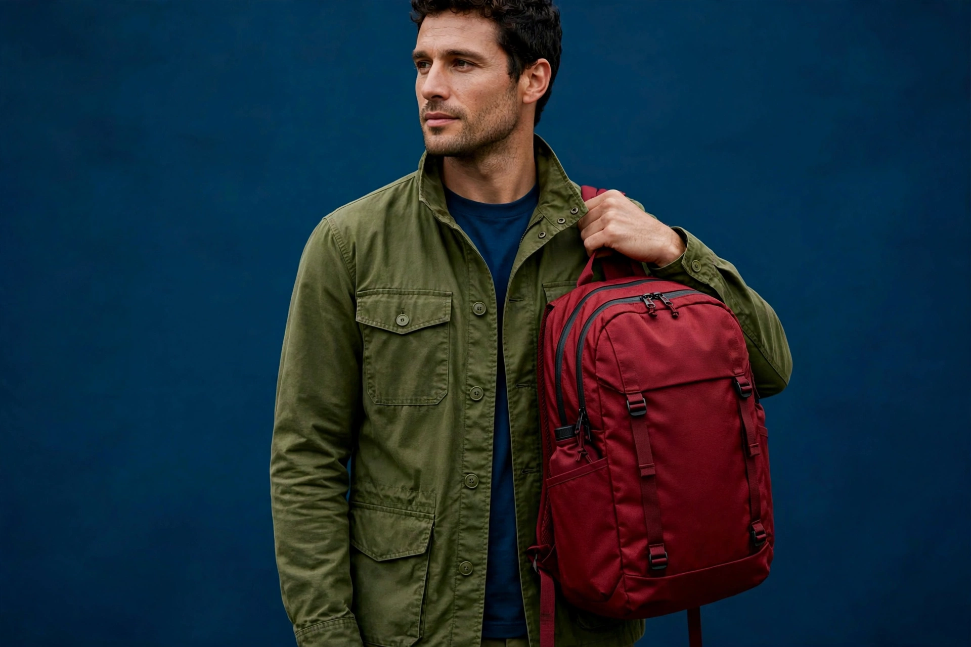 Catalog photograph: a man in an olive field jacket and navy shirt holding a deep red backpack against a dark blue wall