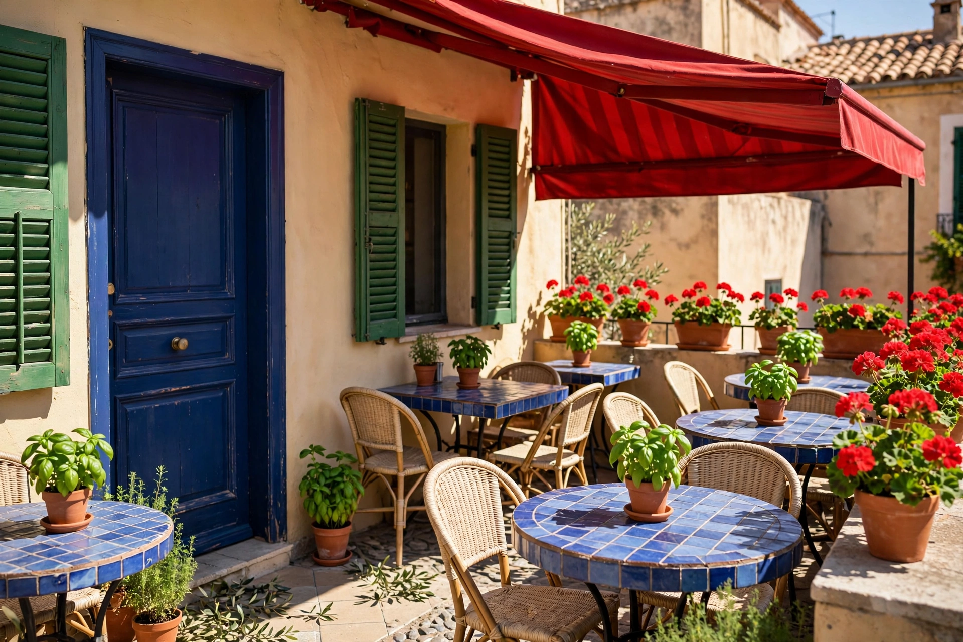 Mediterranean café terrace in daylight: a deep indigo-blue door and tile tables, green shutters and potted basil, a red awning and red geraniums