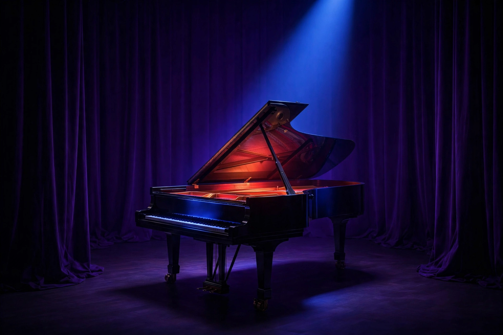 Concert grand piano under a blue spotlight with warm orange light from the lid