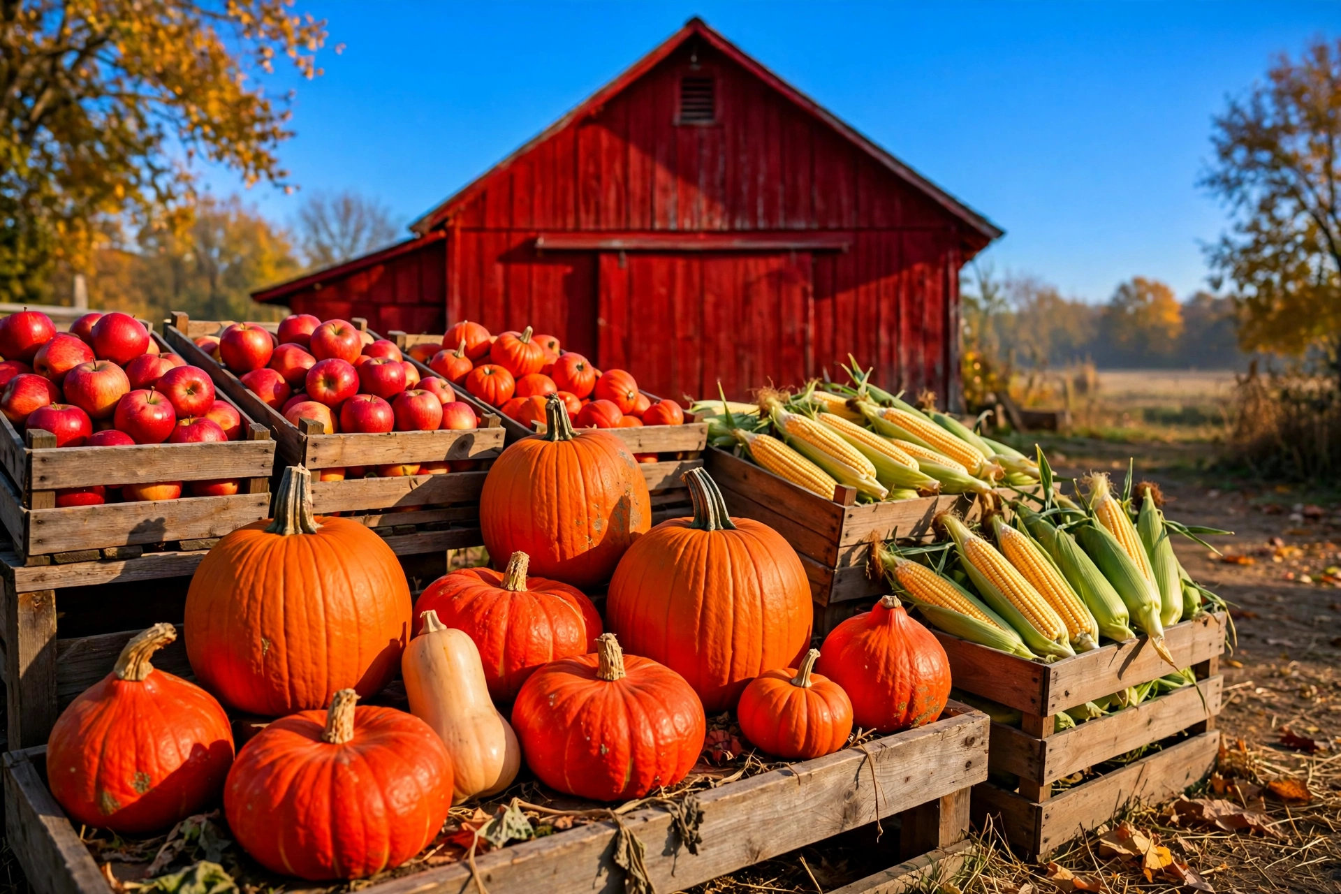 Farm stand in daylight: orange pumpkins, a red barn and a bright blue sky