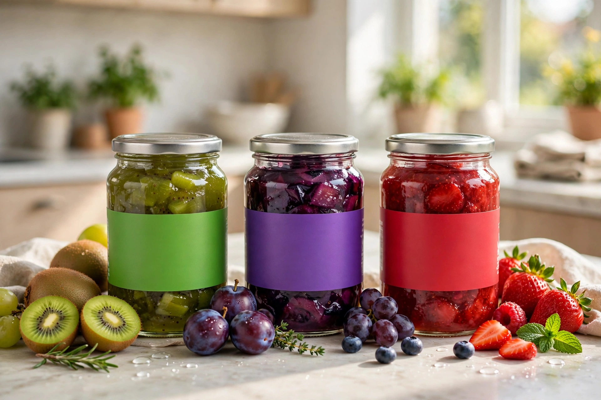 Product photograph of preserve jars in the C major palette of green, violet and red