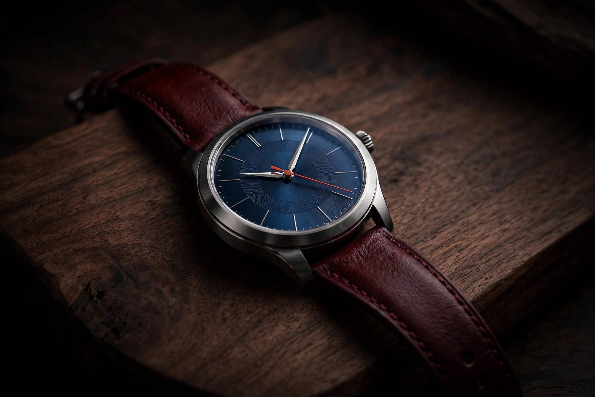 Product photograph of a watch in the D major palette of blue, deep red and ember orange