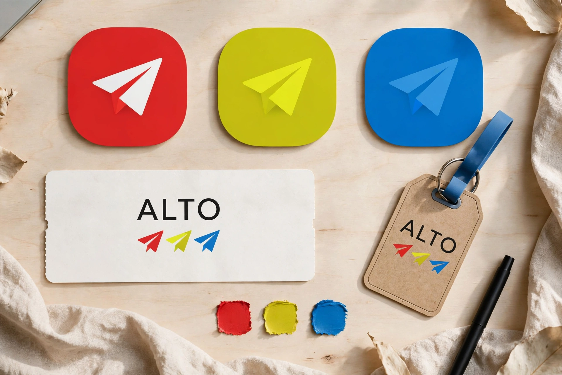 Brand board for ALTO in red, yellow-green and blue
