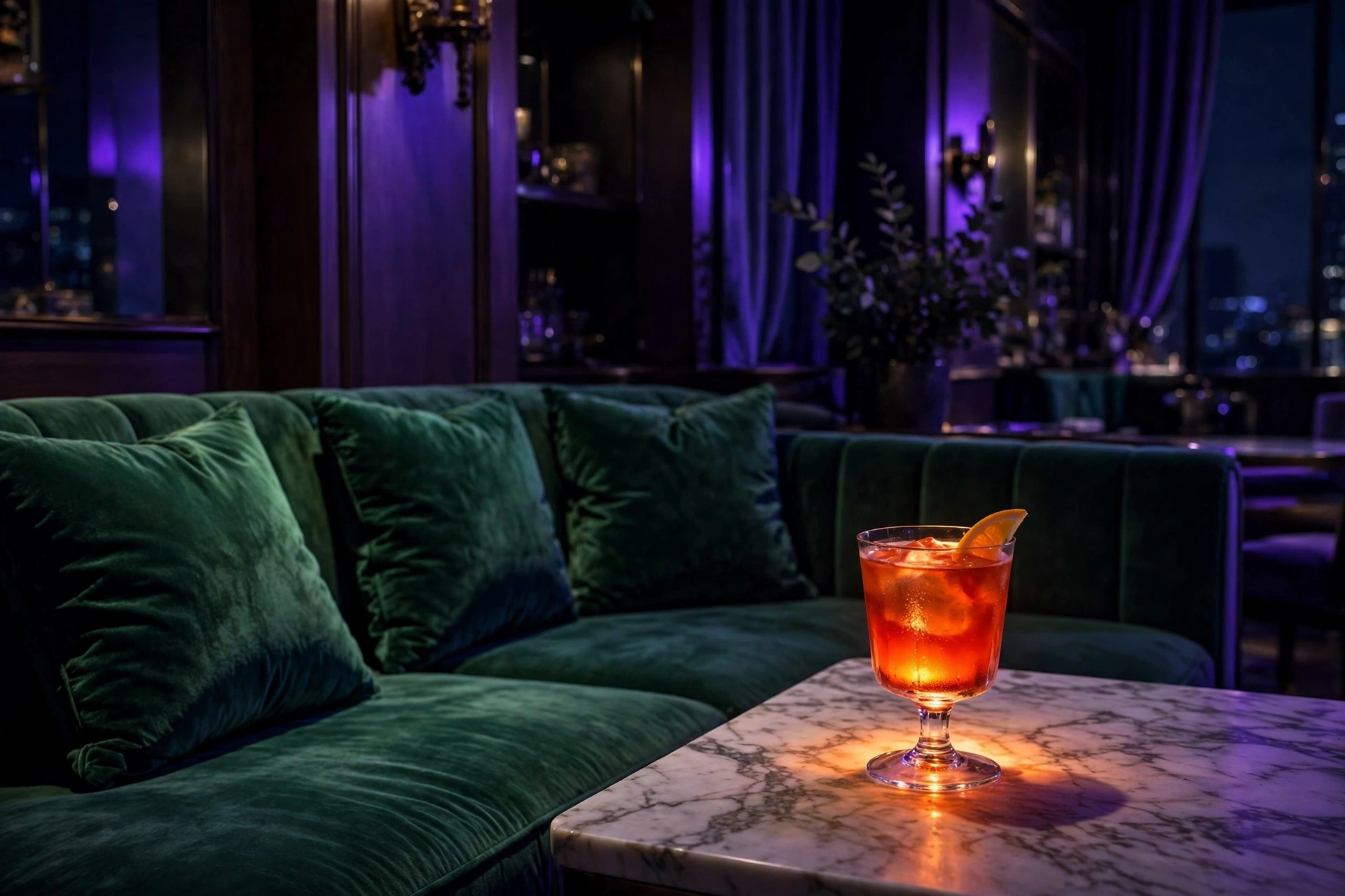Upscale evening lounge with a green velvet sofa, violet dusk light, and a single amber-orange cocktail glowing on a marble table