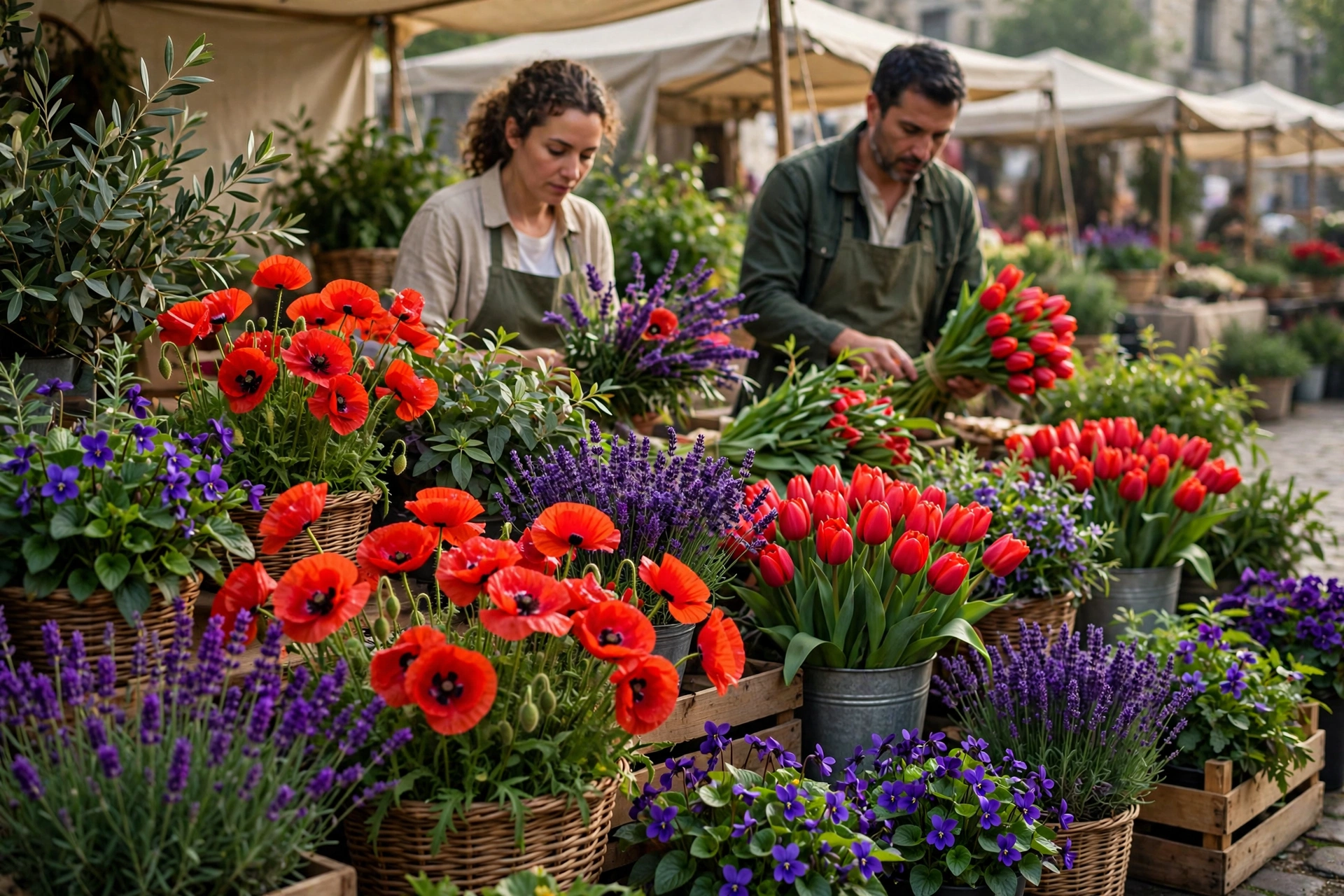 Flower market stall in daylight with scarlet poppies and tulips, violet lavender, and green stems and foliage