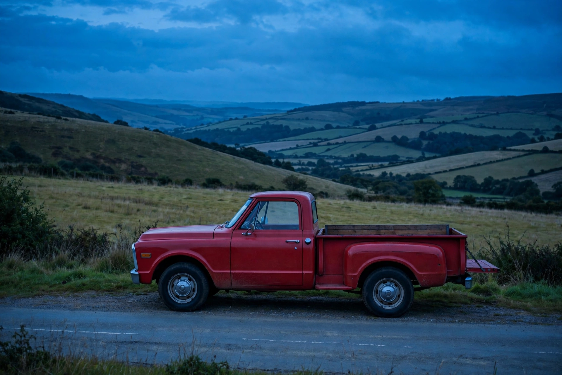 Red pickup truck on a road at blue-hour dusk, yellow-green fields and deep blue hills