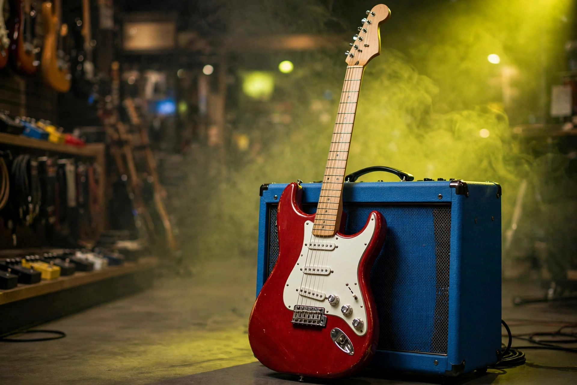 A red Stratocaster-style guitar with a white pickguard and maple neck in a guitar shop, with a blue amplifier behind it