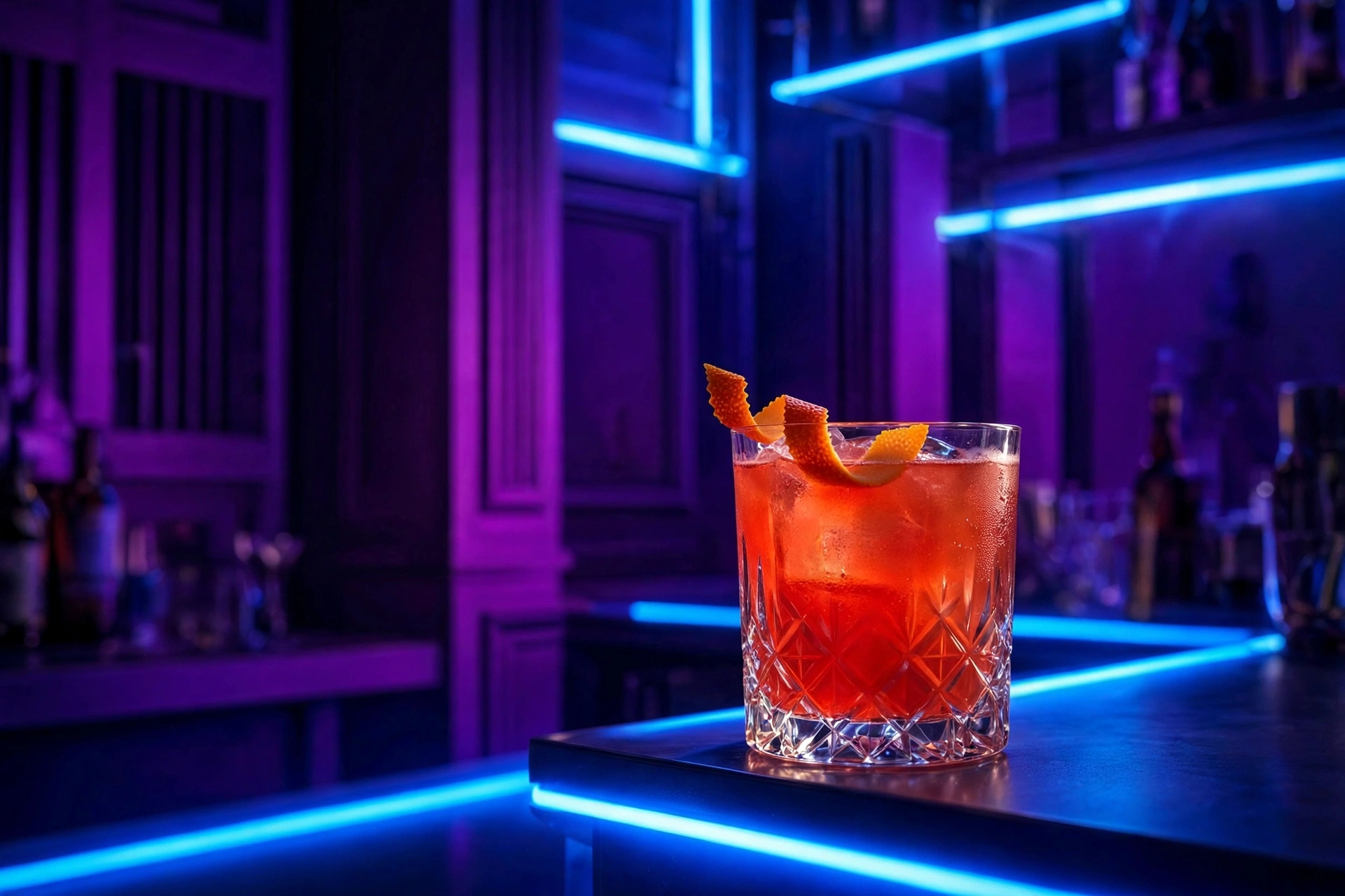 Cocktail advertisement in D minor blue, violet and orange