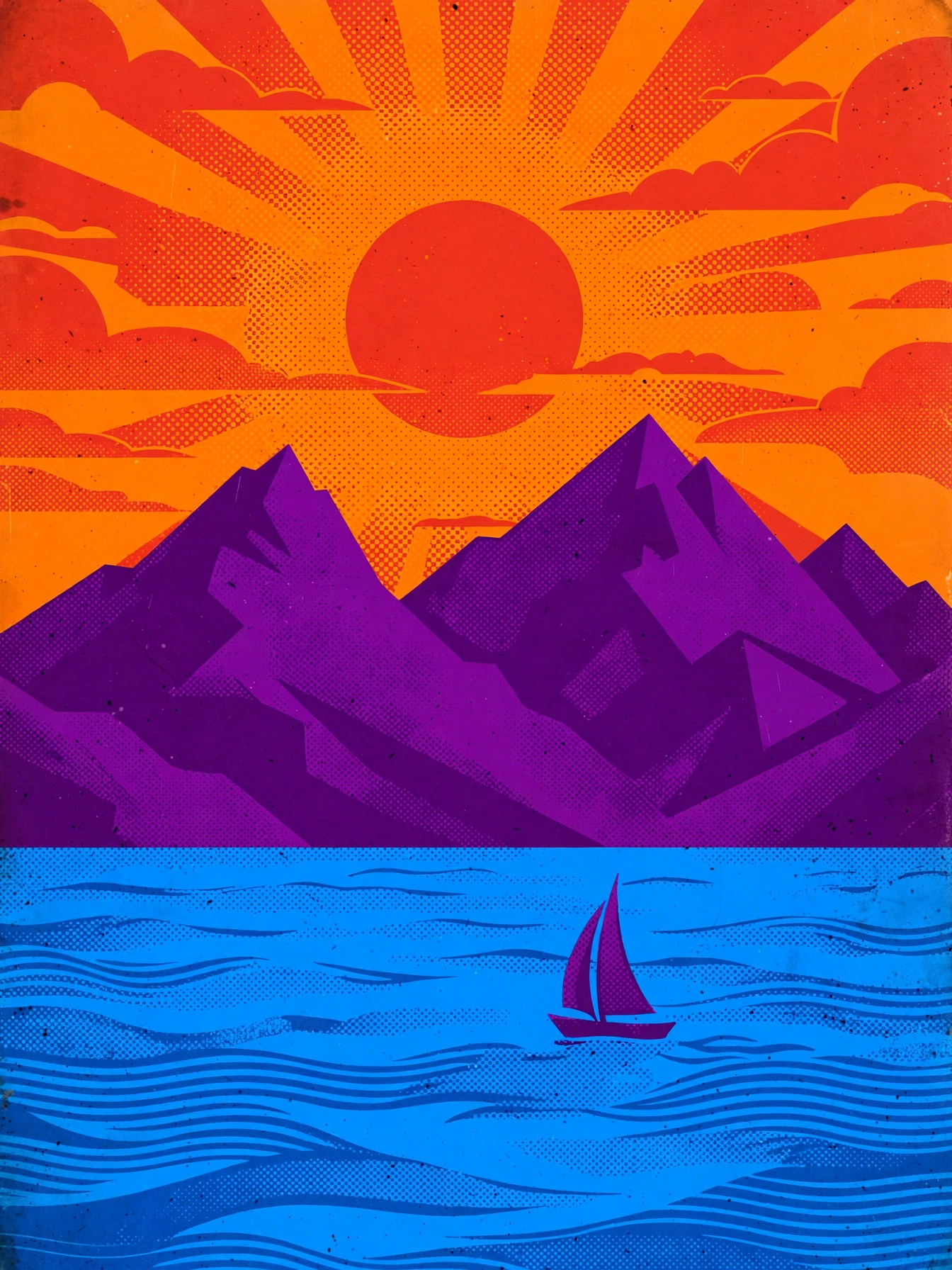 Travel poster in D minor colors — blue, violet and warm orange