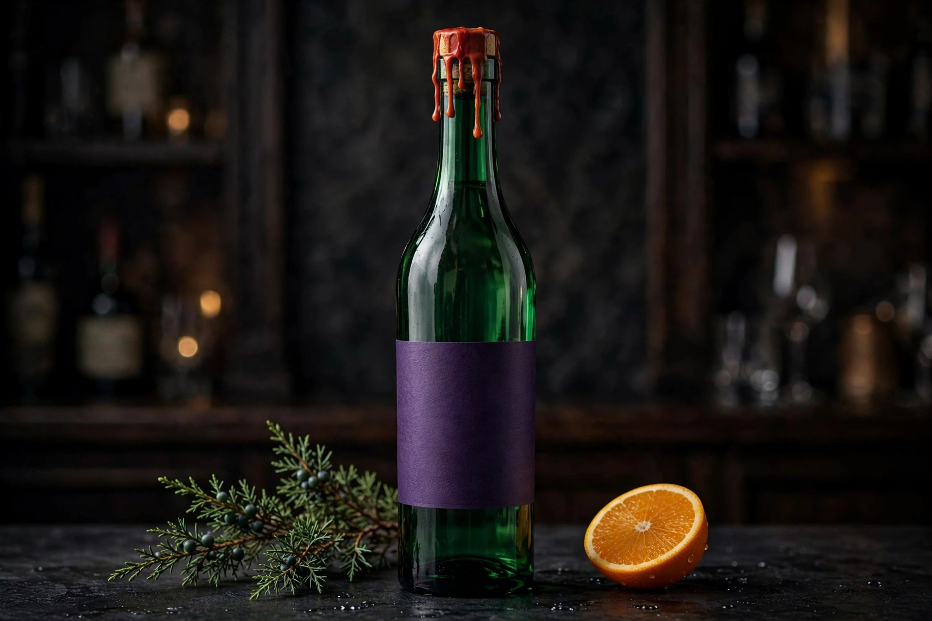 Product photograph of a gin bottle in the A minor palette of ember orange, green and violet