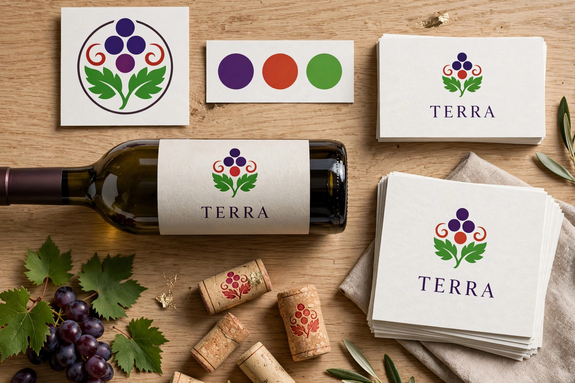 Brand board for TERRA in deep violet, ember orange and vivid green