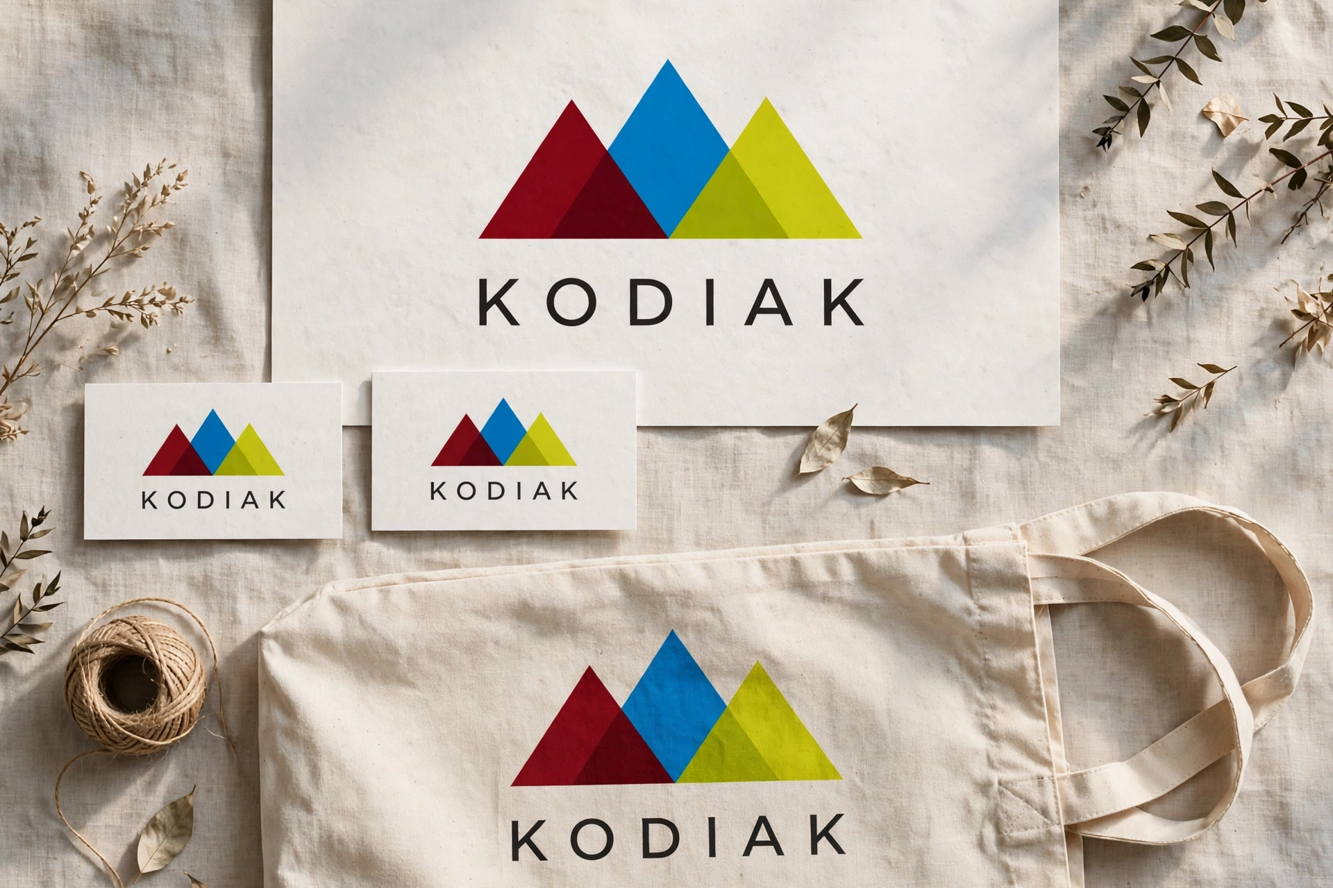 Brand board for KODIAK: three overlapping peaks in deep red, blue and yellow-green above the KODIAK wordmark, on stationery and a canvas tote