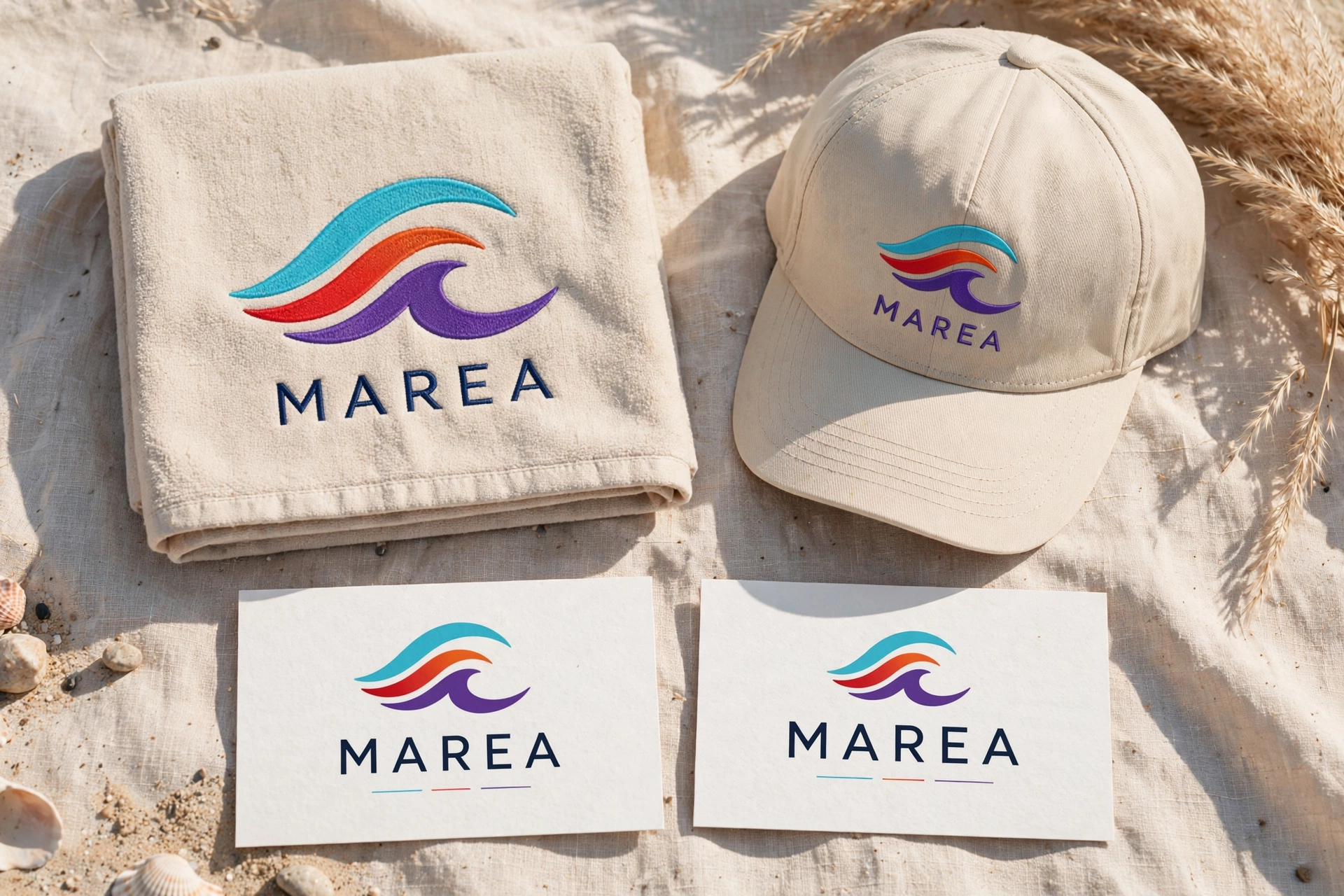 Brand board for MAREA in cyan, ember orange and violet