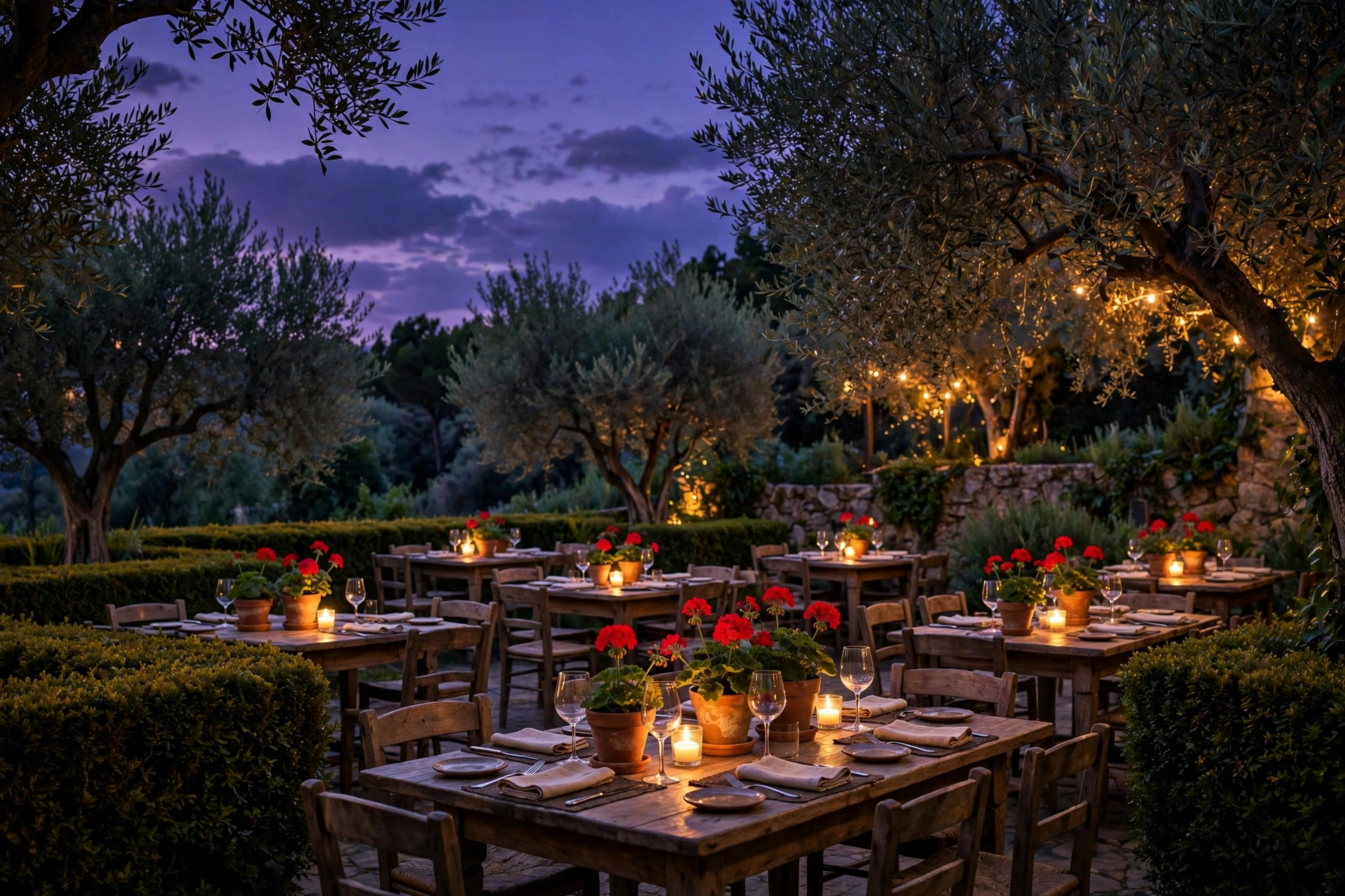 Garden restaurant at dusk: violet evening light over tables, red flowers and yellow-green leaves