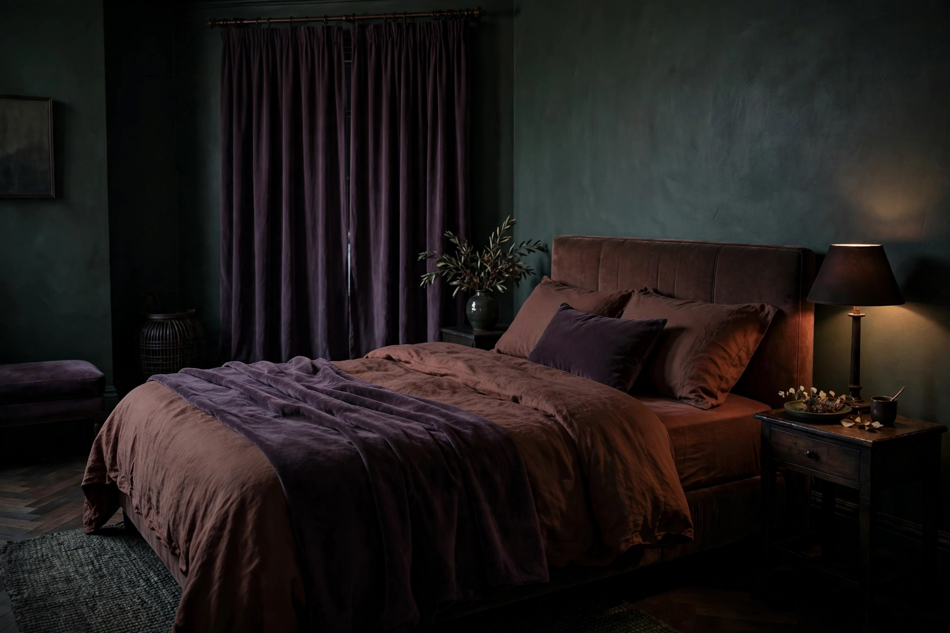 Hotel bedroom in deep muted A minor colors — plum walls, forest-green bedding and rust-orange leather accents and lamplight