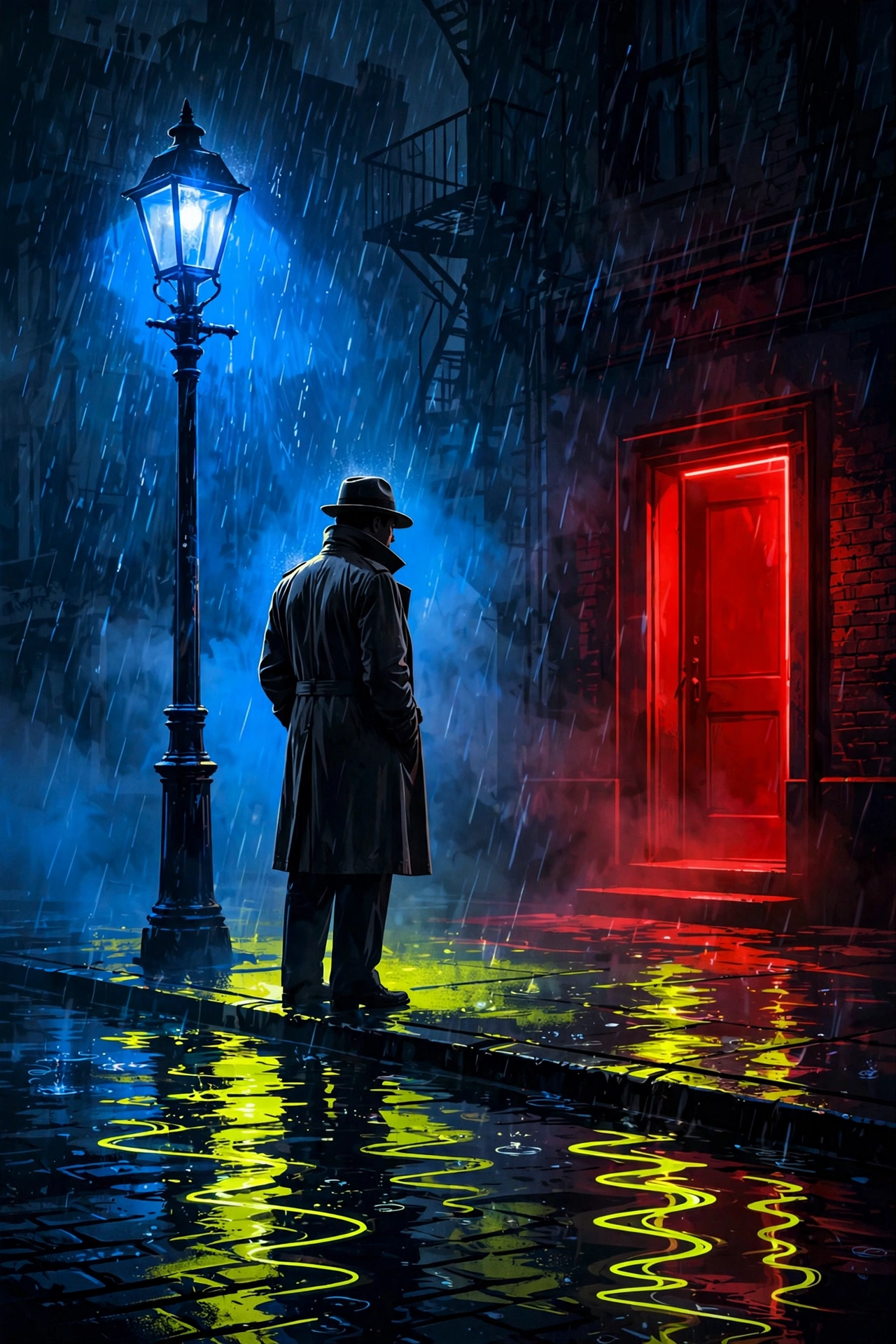 Noir movie poster: a man in a trench coat under a blue streetlamp in the rain, facing a glowing red door, with yellow-green reflections in the wet street
