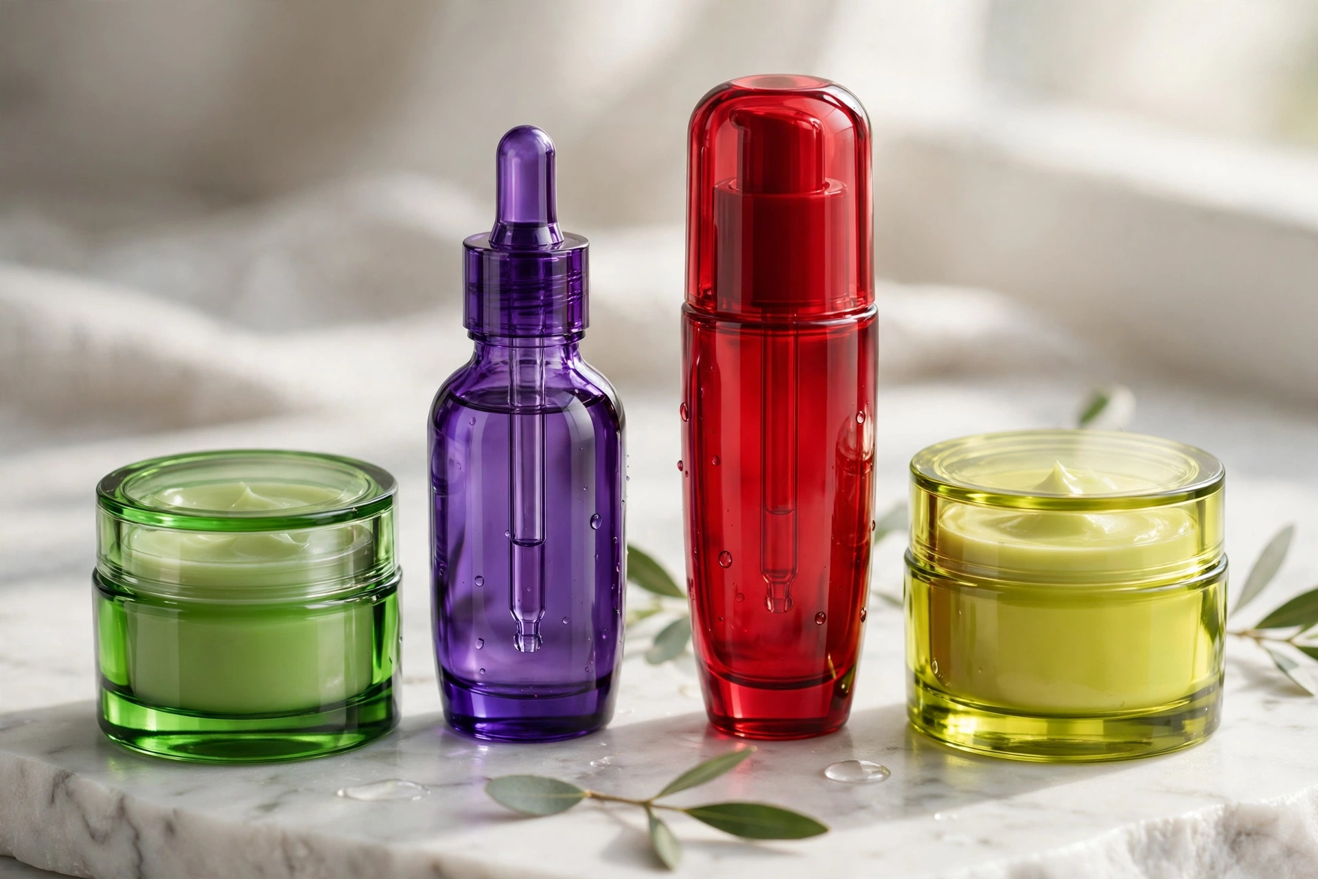Product photograph of a skincare line in the hushed Cmaj7 palette of green, violet, red and pale yellow-green