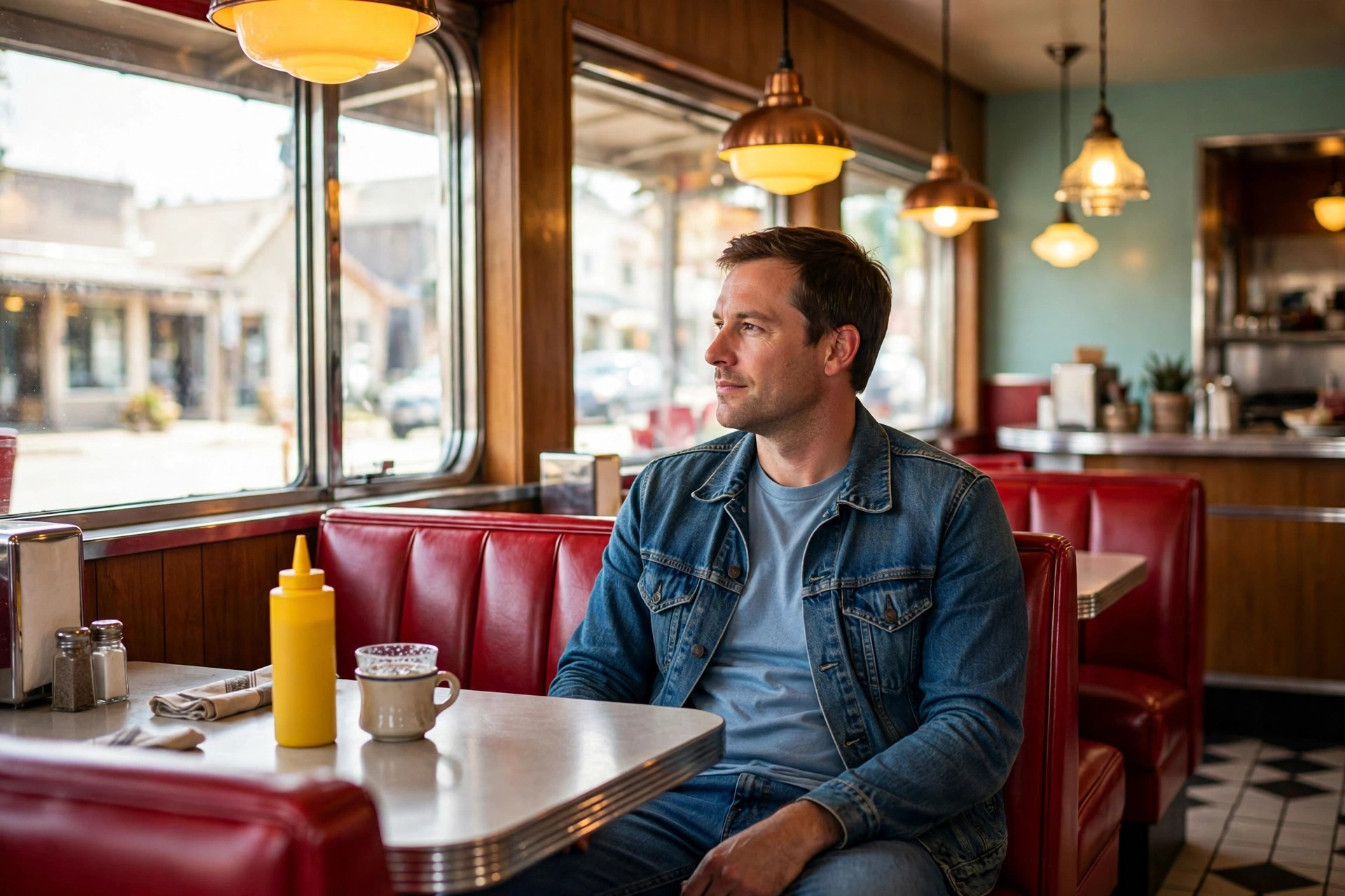 American diner interior with red booths, warm yellow light and blue denim