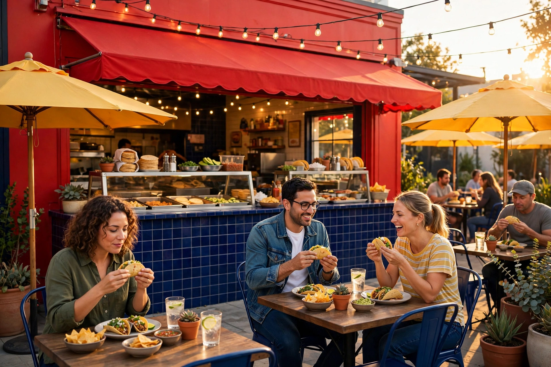 Taco restaurant patio with a red storefront and awning, yellow umbrellas, and a blue tile counter, with people eating tacos