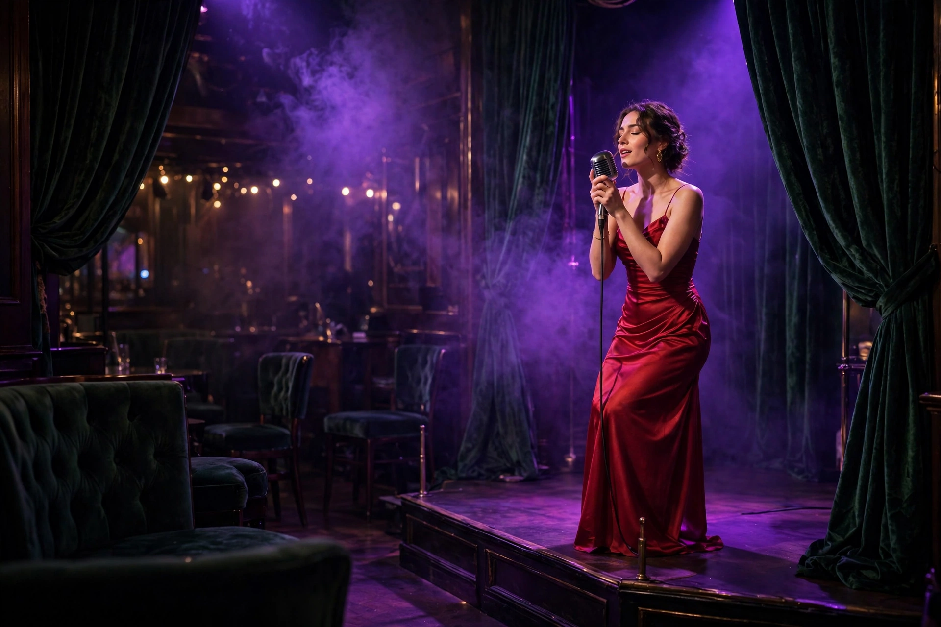 Jazz club stage washed in violet light: a singer in a scarlet-red gown at a vintage microphone, dark green velvet curtains and banquettes
