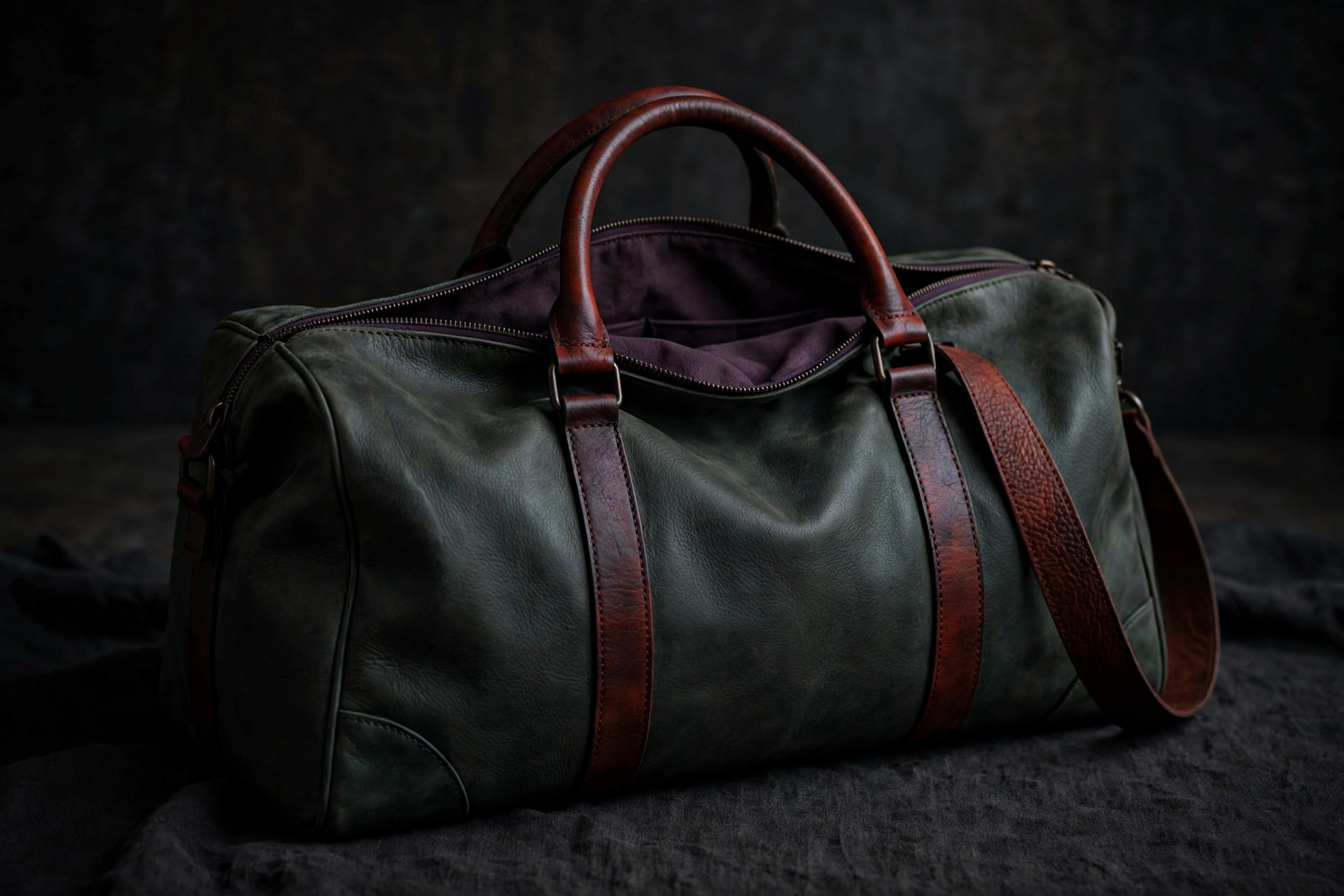 Leather duffel bag in deep muted A minor colors — rust-brown leather with forest-green and plum panels and trim