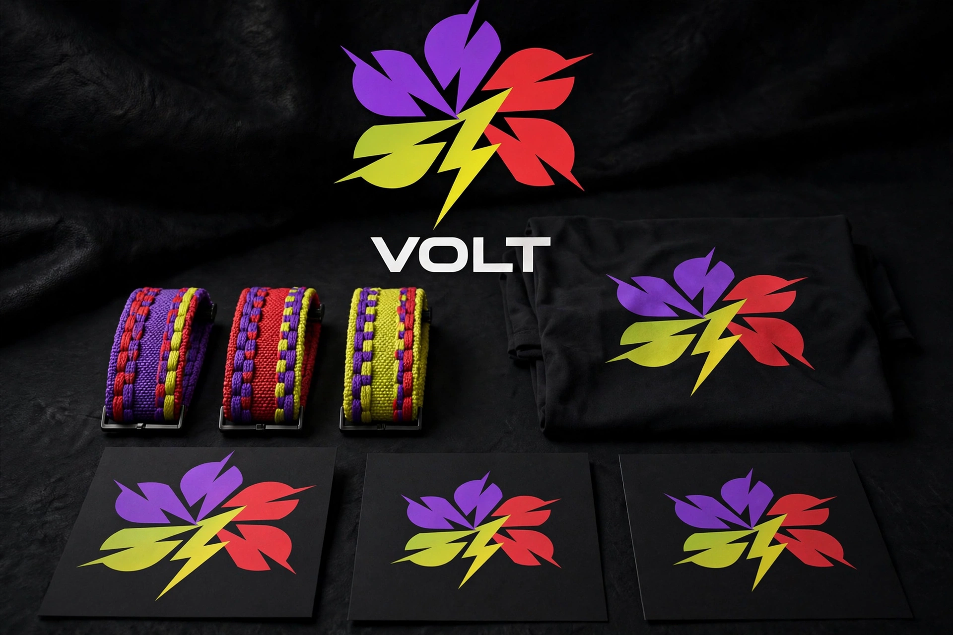 Dark brand board for VOLT in violet, scarlet and yellow-green