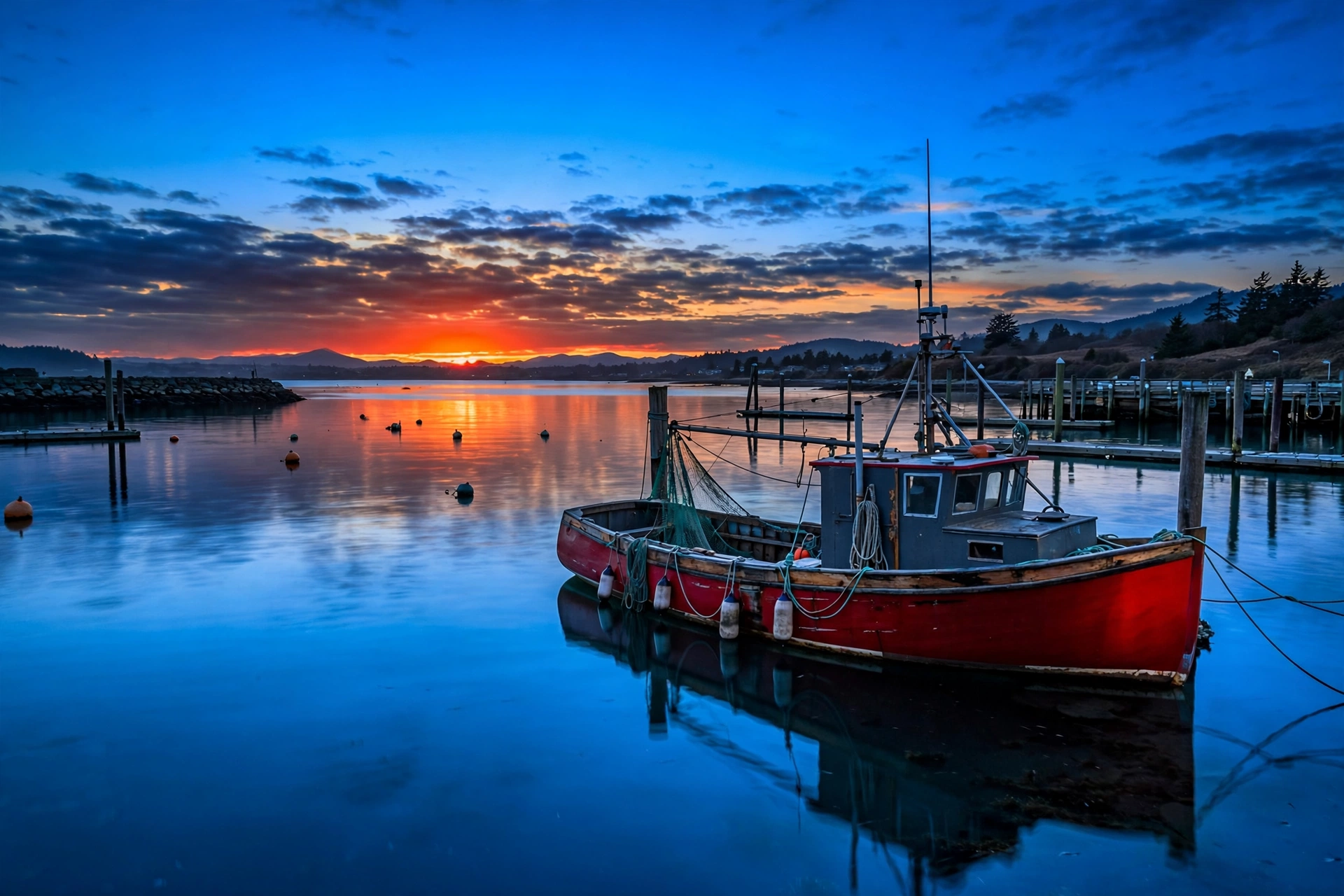 Harbor at dusk: a red-hulled boat, deep blue water and an orange sunset sky