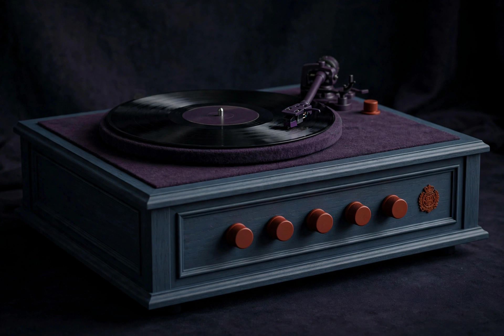 Turntable console in deep muted D minor colors — slate navy and dark plum wood and trim with rust-orange knobs and emblem