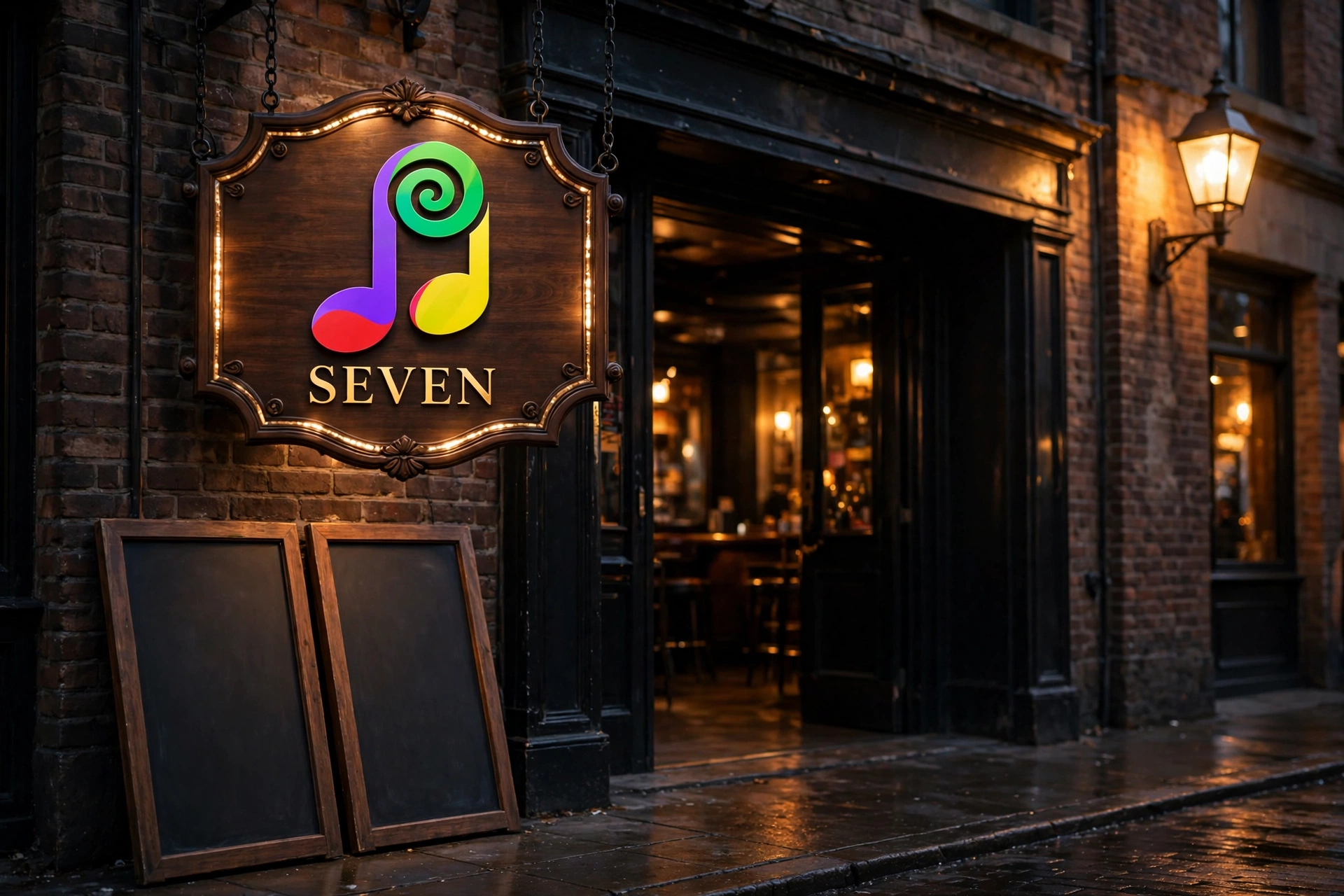 A lit jazz club sign for SEVEN at night in the C7 palette
