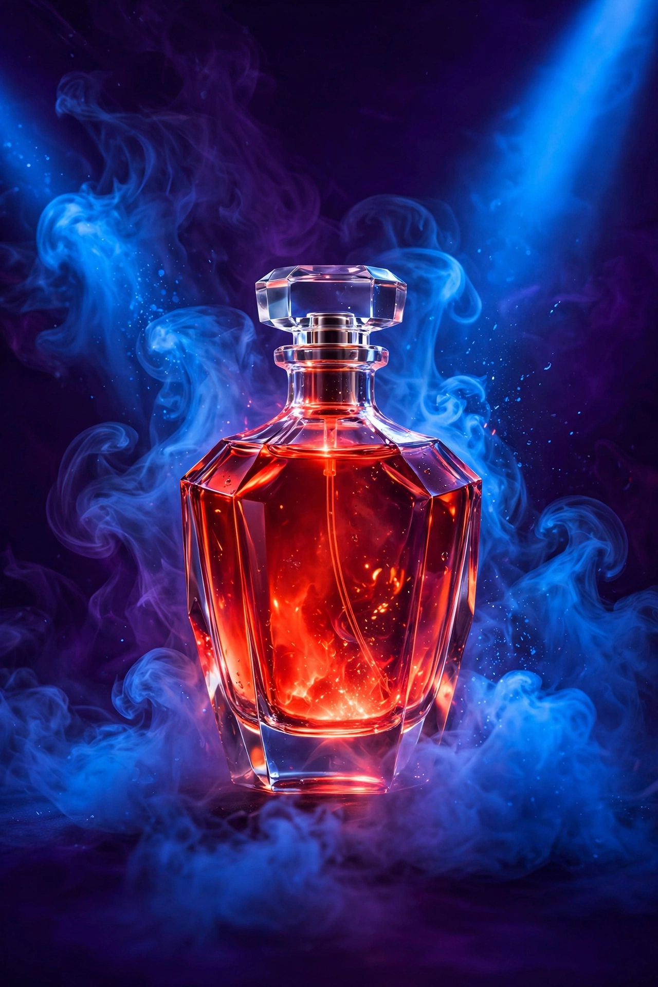 Perfume bottle glowing orange-red like a coal, surrounded by blue and violet smoke