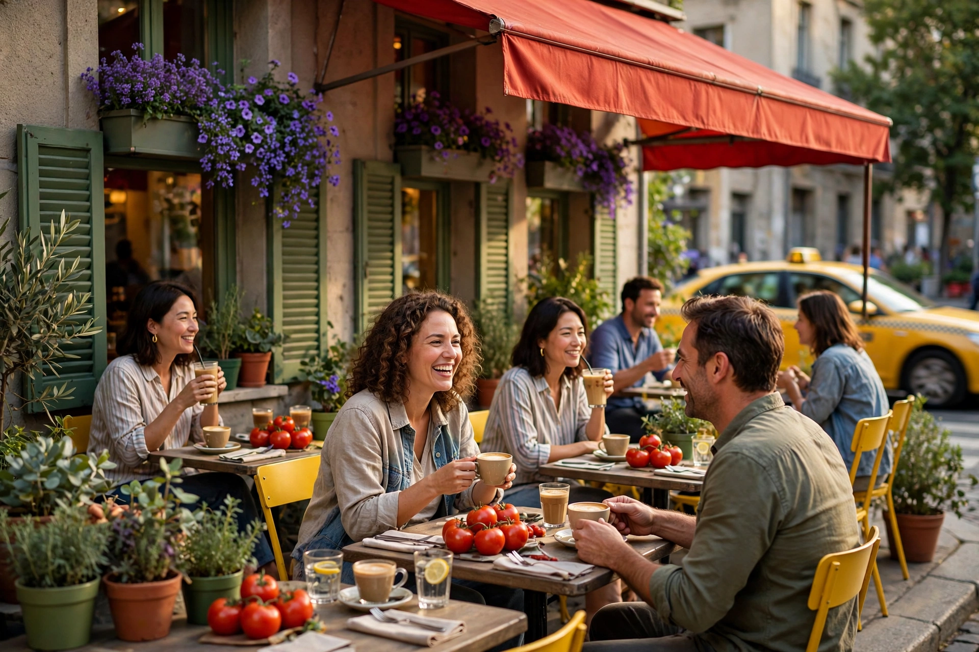 Street café in daylight with green, violet and red details and a yellow taxi passing