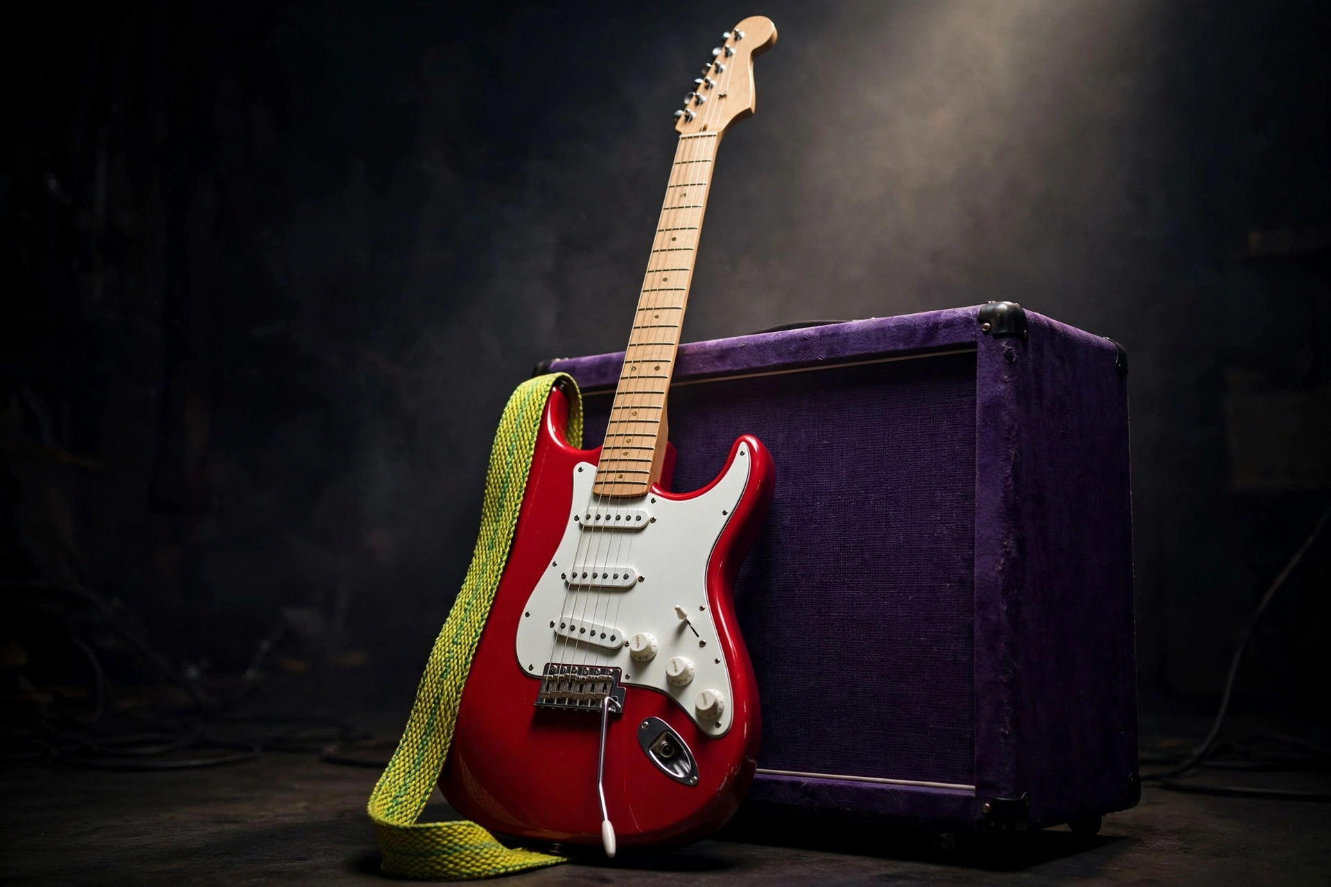 Product photograph: a scarlet Stratocaster-style guitar with a white pickguard and maple neck leaning on a violet amplifier, with a yellow-green strap