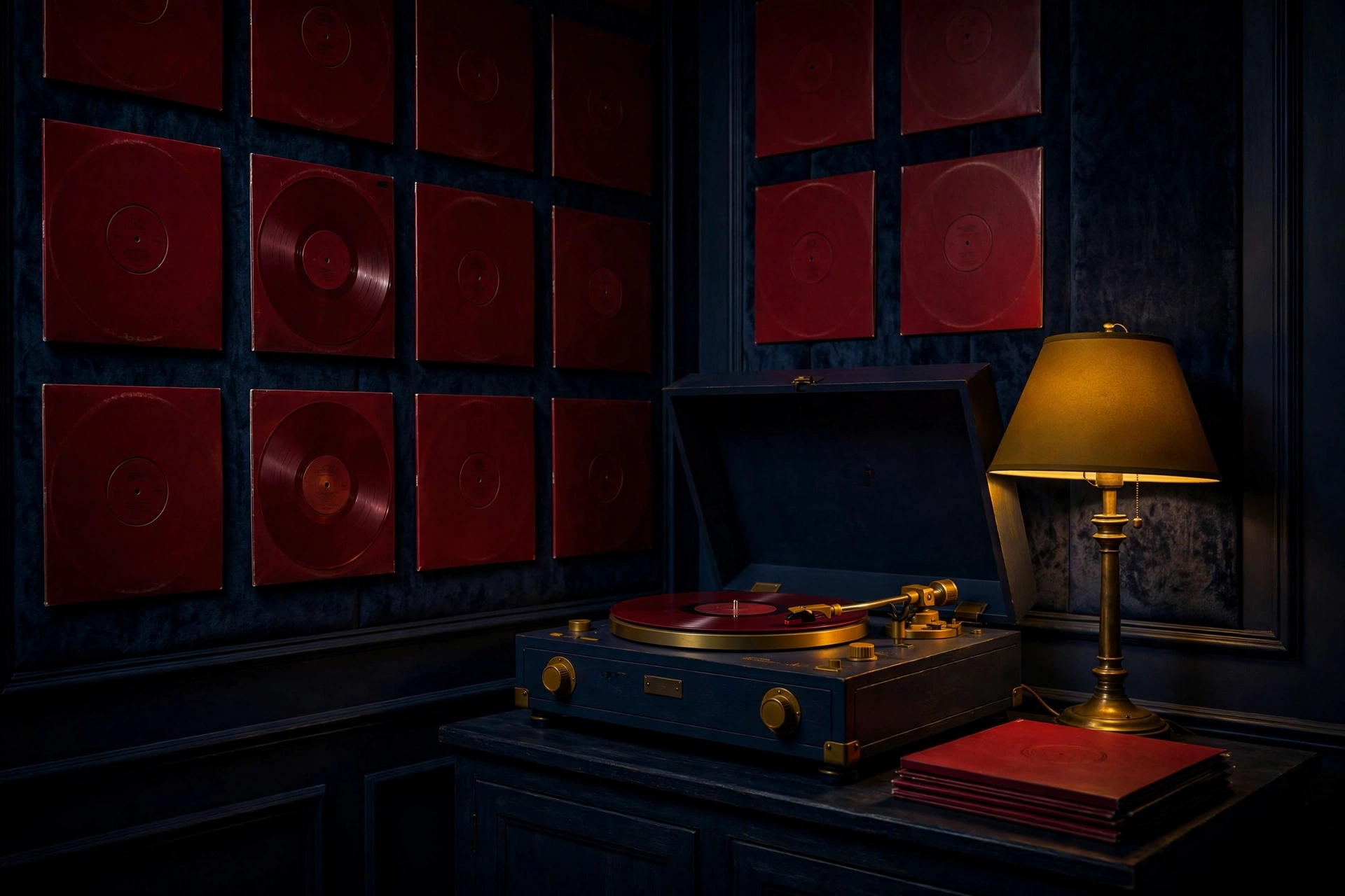 Dark, moody vinyl record scene at the dark end of the G minor palette