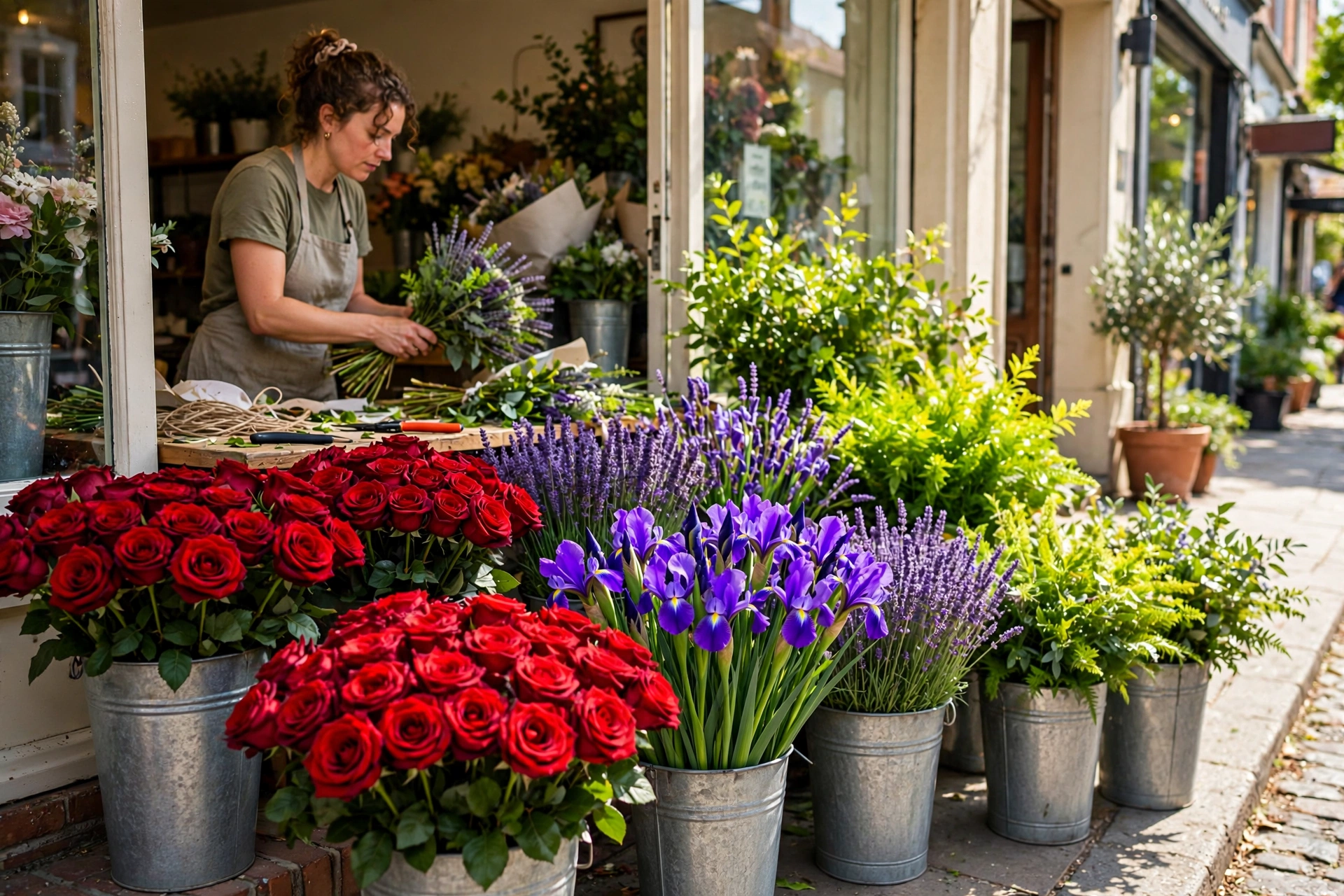 Florist shop in daylight: red roses, violet irises and yellow-green foliage arranged in buckets