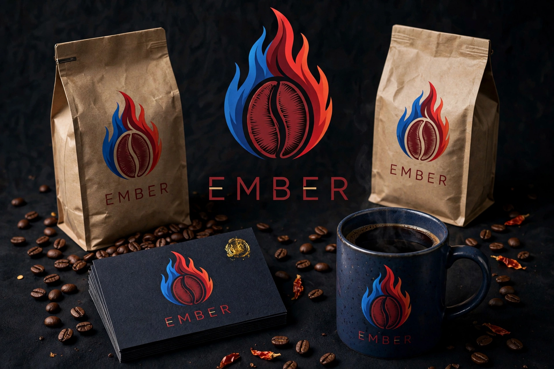 Dark brand board for EMBER in blue, deep red and ember orange