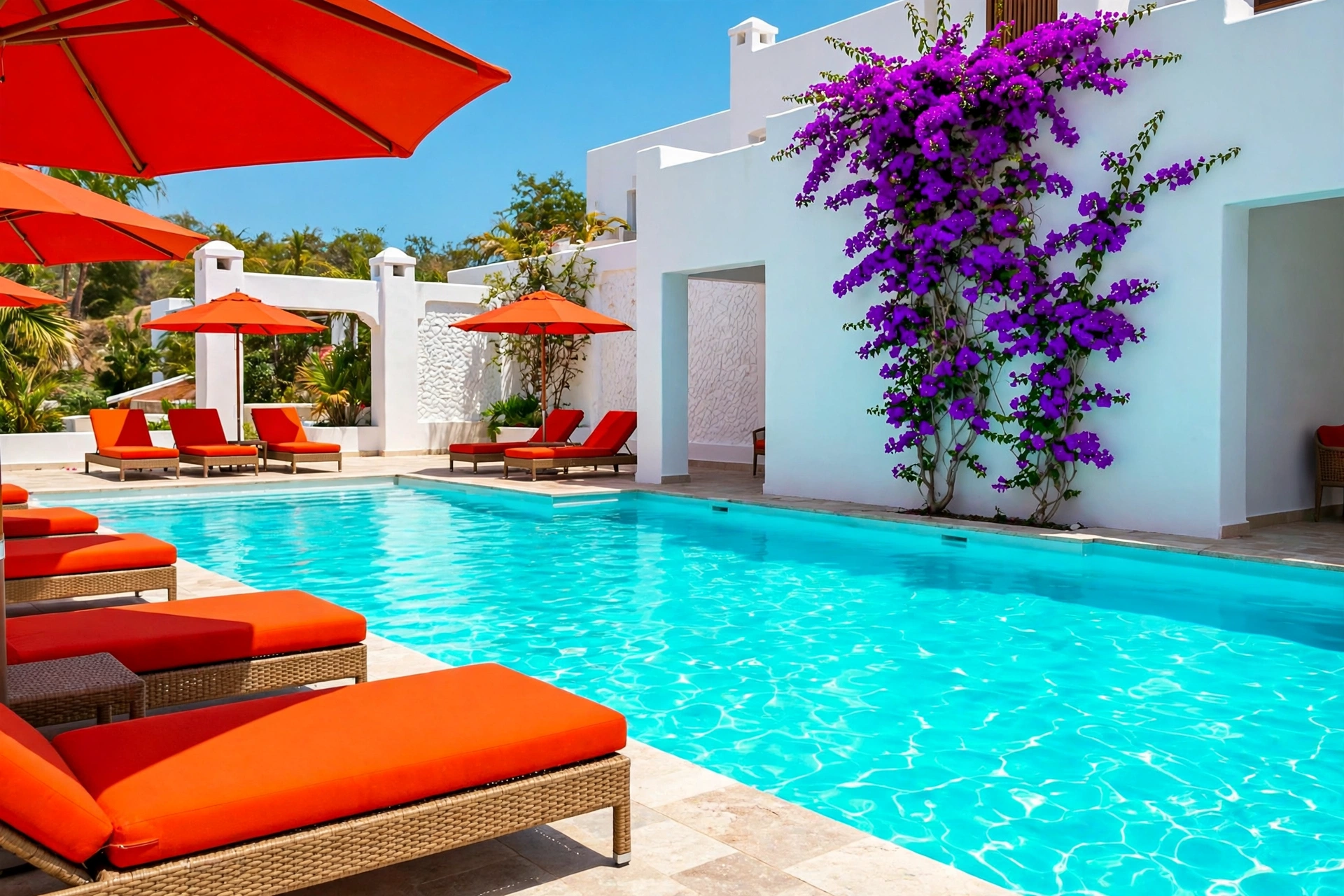 Resort pool in bright daylight: cyan-blue water, orange loungers and violet bougainvillea