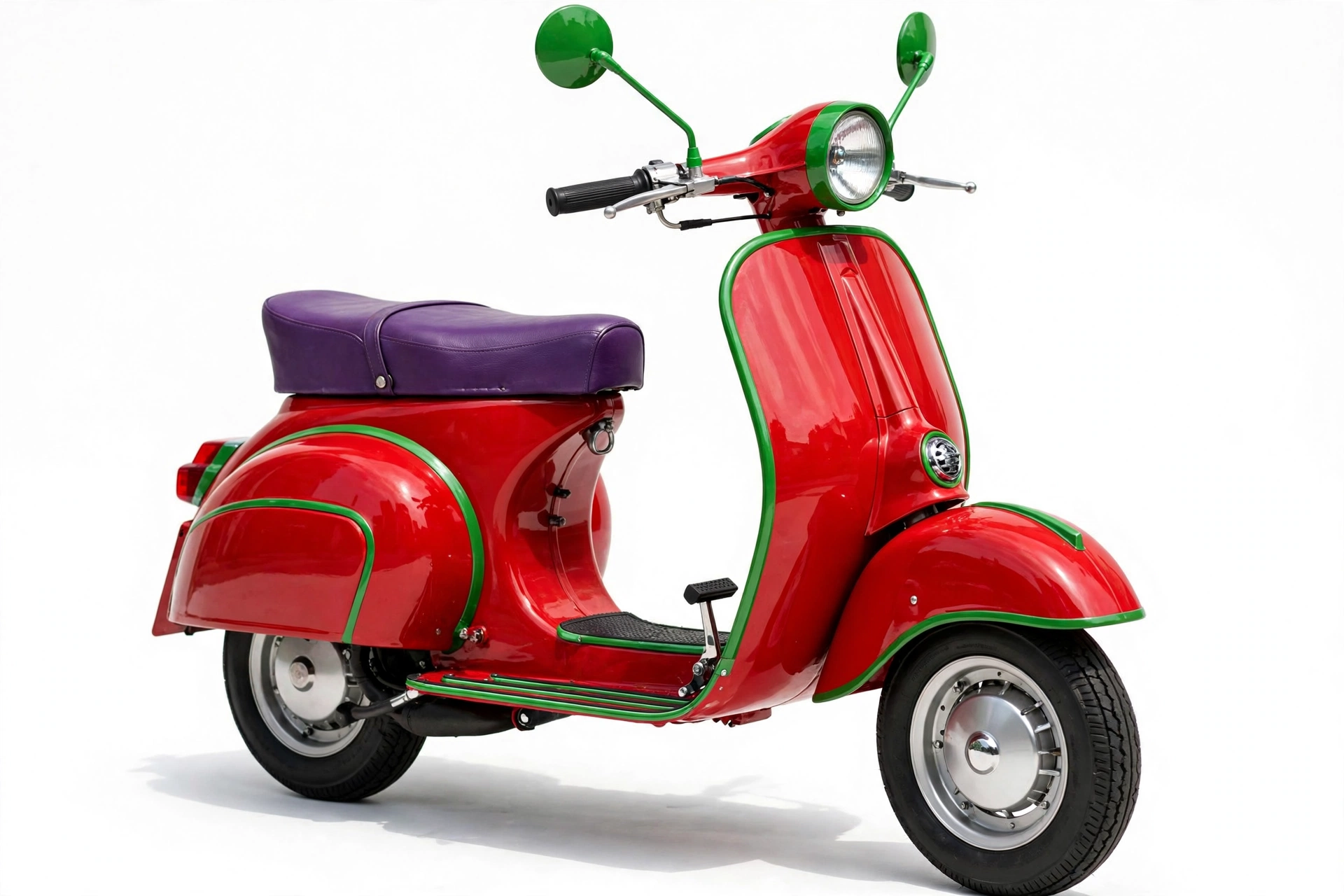 Product photograph of a scooter in the C augmented palette of green, violet and scarlet