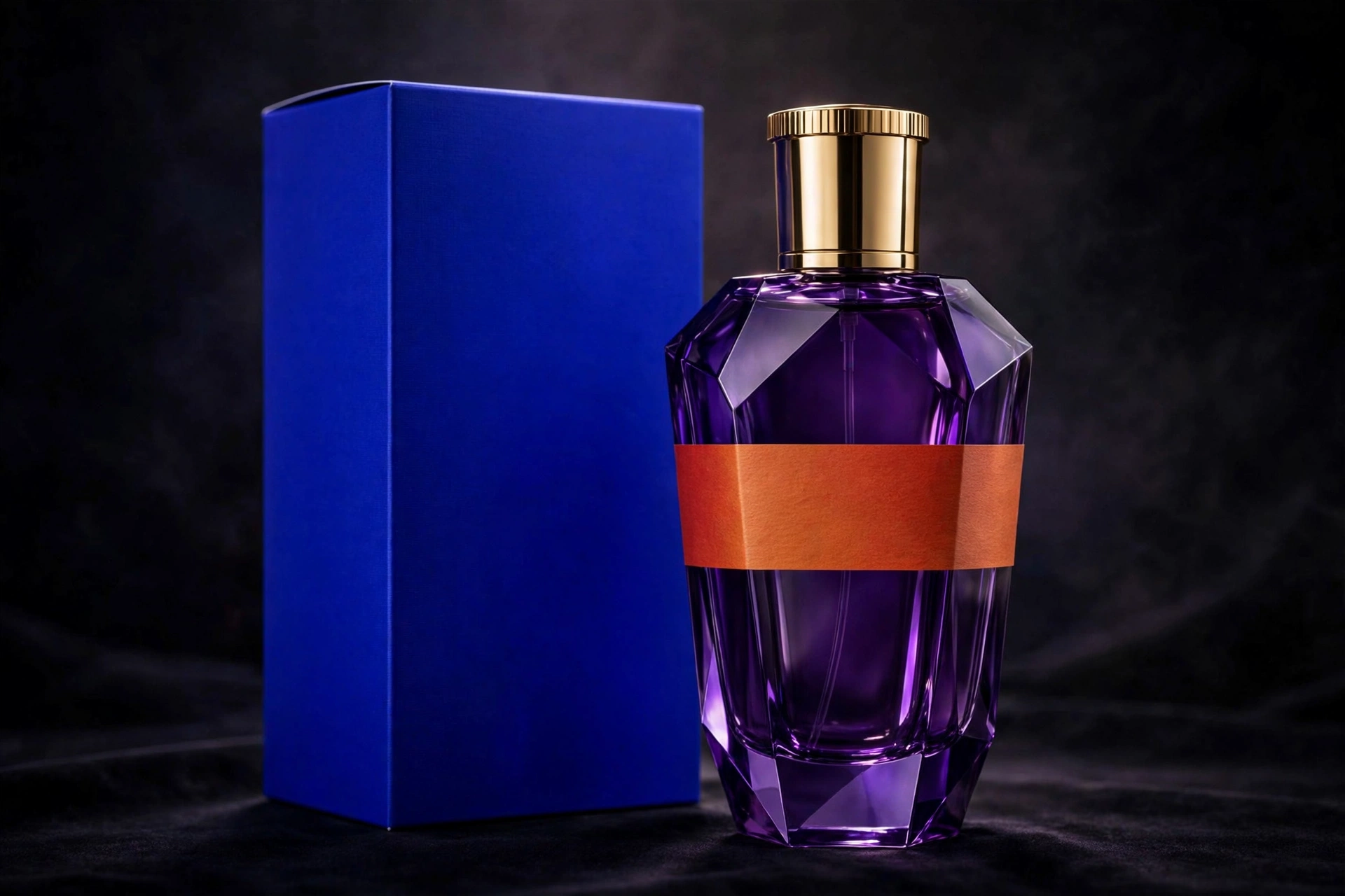 Product photograph of a perfume bottle in the D minor palette of blue, violet and ember orange