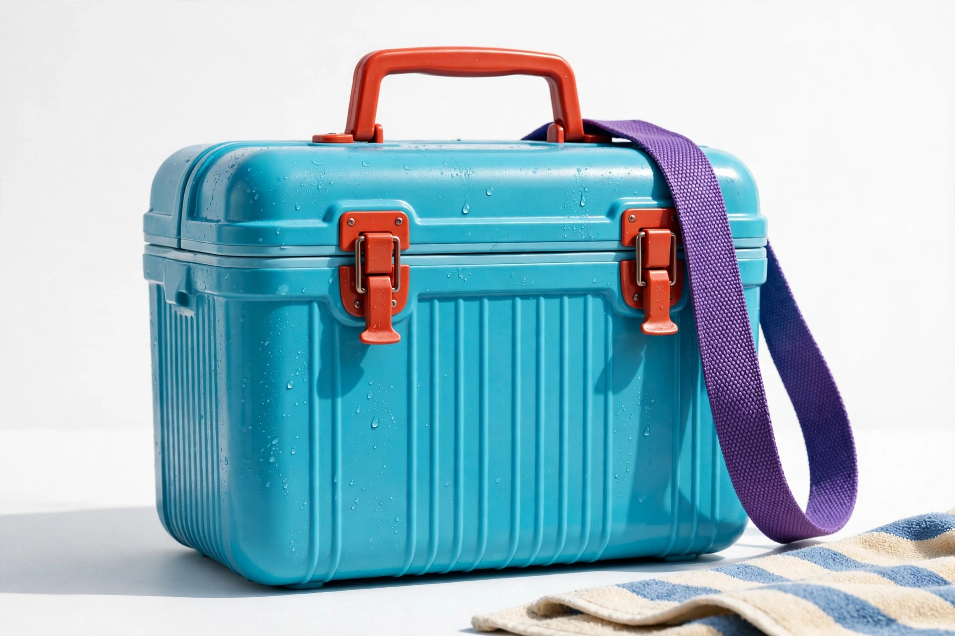 Product photograph of a cooler in the A major palette of cyan, ember orange and violet