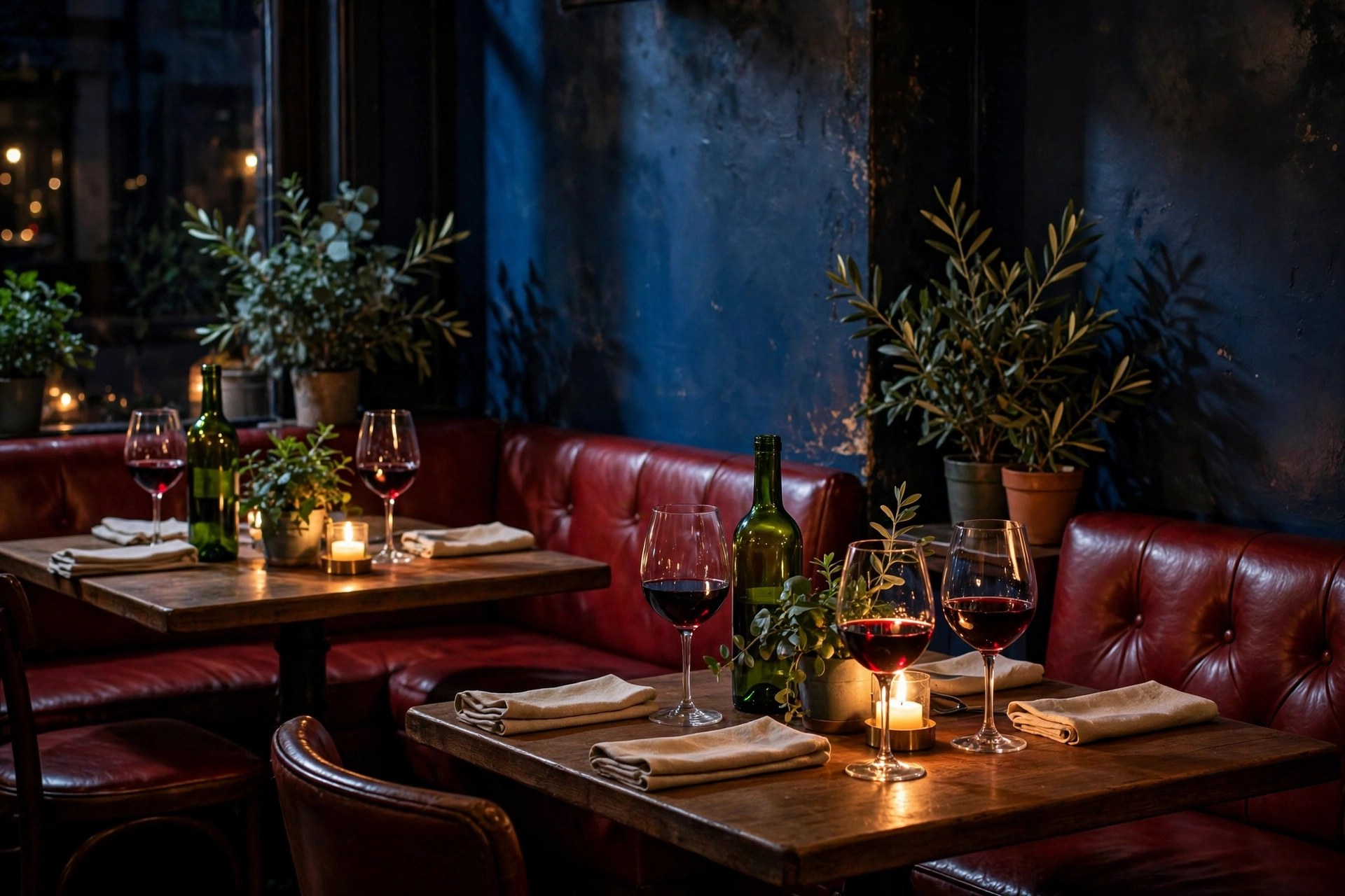 Candlelit bistro at night with red leather seating, deep indigo shadows and green accents