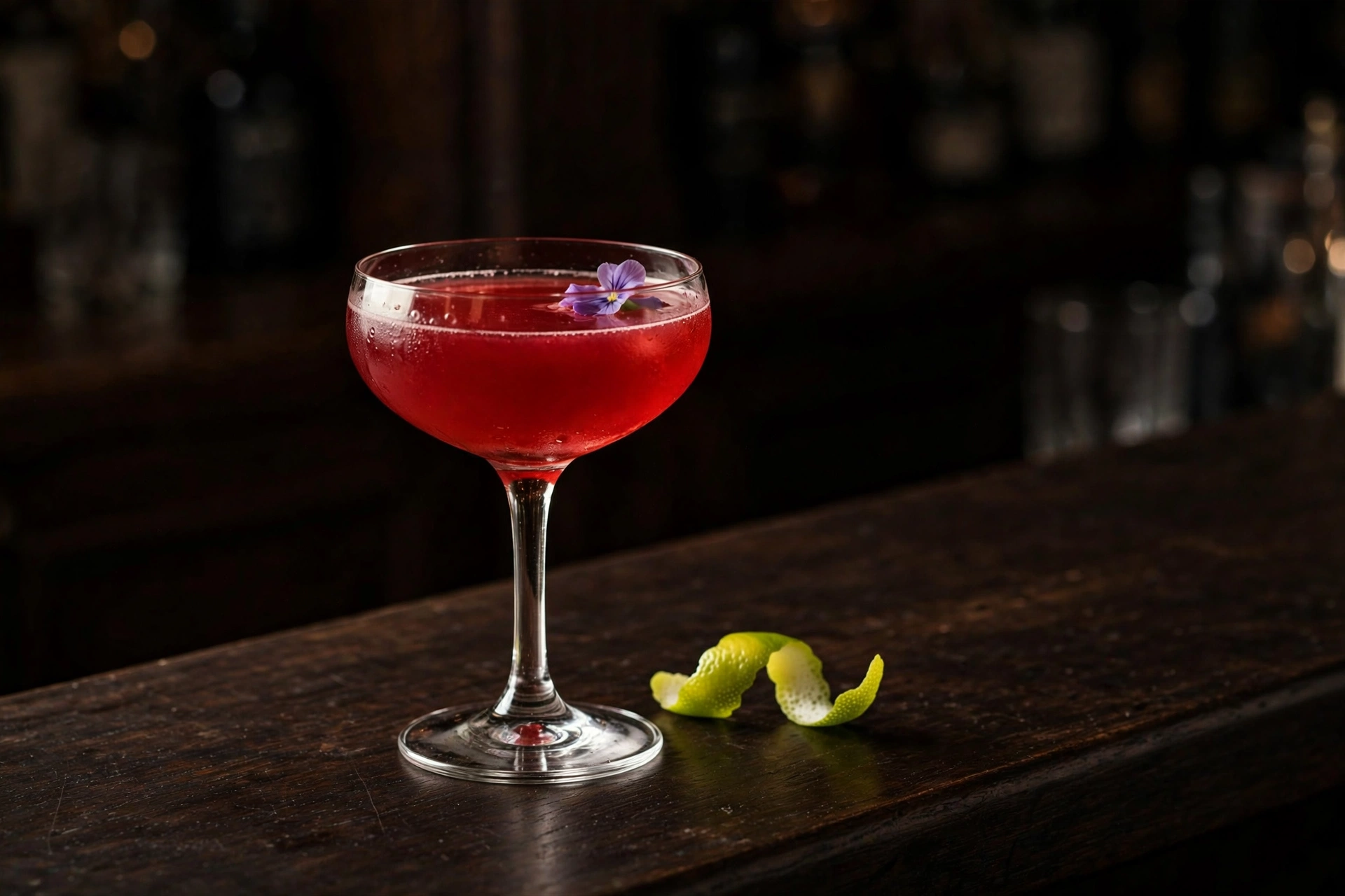 Evening cocktail scene: a scarlet coupe drink with a violet garnish and a yellow-green lime twist