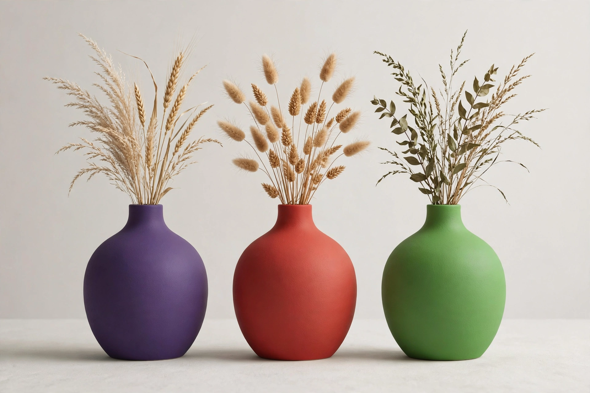 Product photograph of ceramic vases in the F major palette of violet, ember orange and green