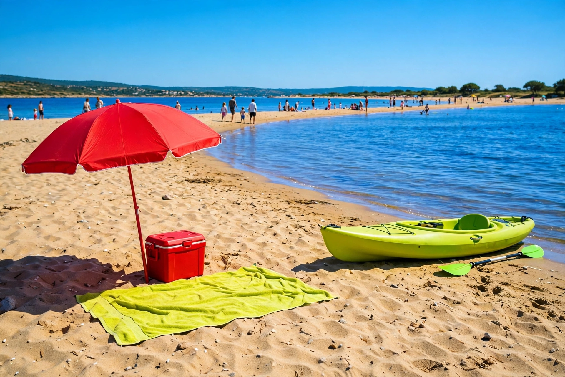Beach on a bright day: a red beach umbrella, a lime yellow-green kayak, blue sea and sky