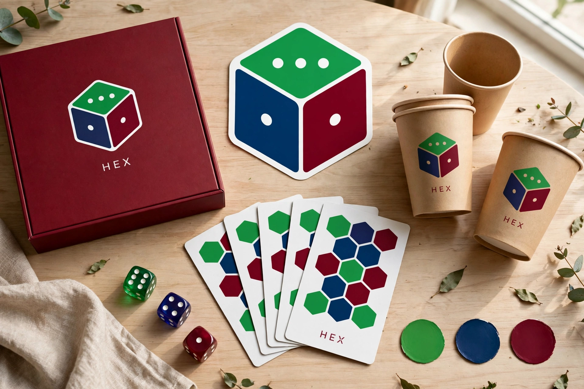 Brand board for HEX in green, indigo and deep red