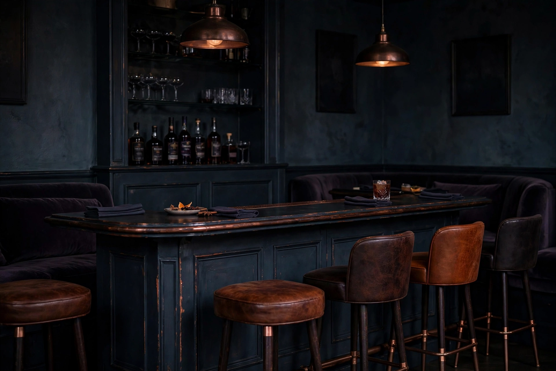 Cocktail bar in deep muted D minor colors — slate navy bar and dark plum shadow with warm rust-orange drinks and lamplight